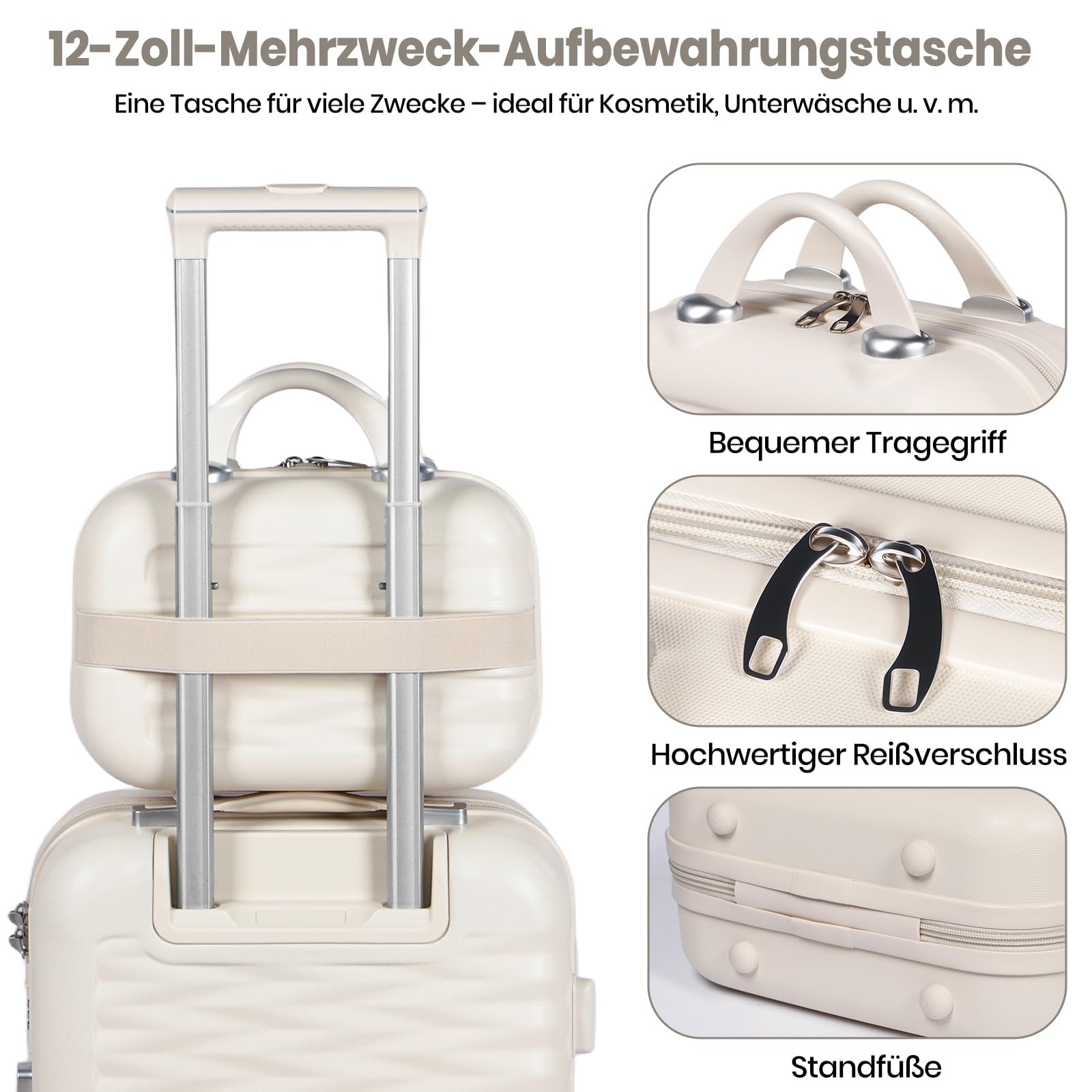 Zestawy walizek z kosmetyczką lekka walizka podróżna ABS + PC twarda skorupa z kołami obrotowymi, biały, 4 Piece Set, Nowoczesna twarda strona