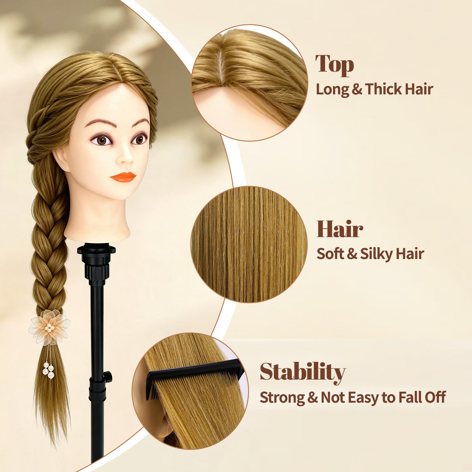 Yofuly 26Zoll/66cm Frisierkopf, 80% Echthaar Übungskopf, Frisieren Trainingsköpfe Puppenkopf Friseur Mannequinkopf mit Tischklemme + DIY-Zopfset (Gold)