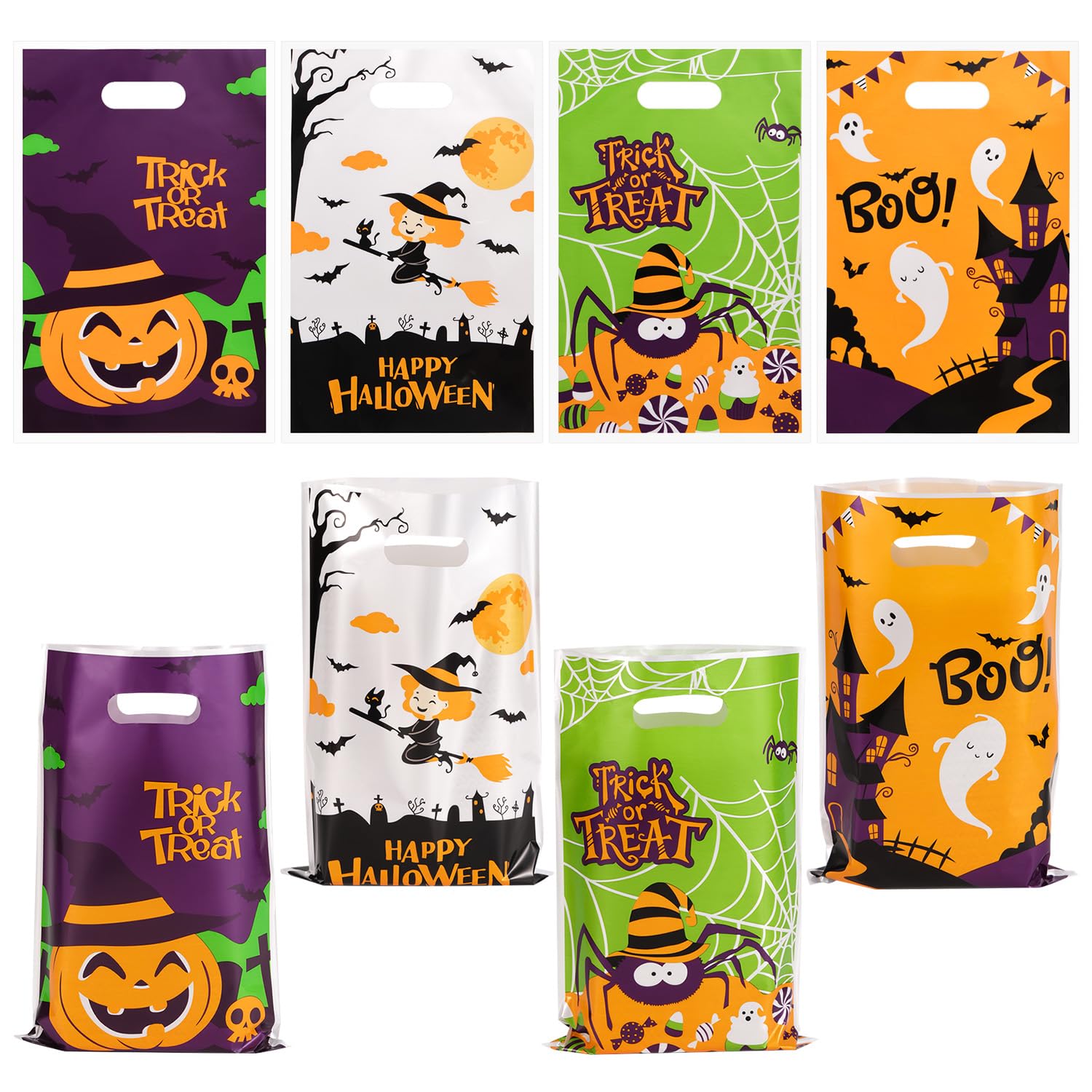 Penitue 50pcs Halloween Treat Bags, Multicolor Pearlescent Film Trick or Treat Gifts Bags with Handle Halloween Party Supplies for Goodie Biscuits