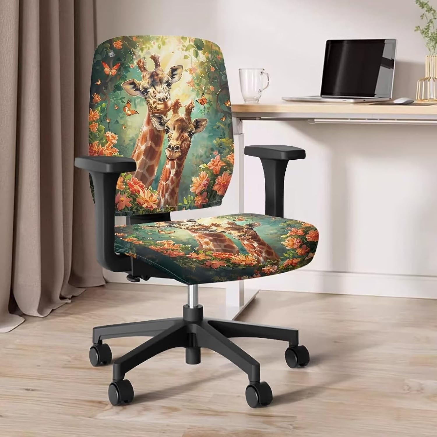 Vintage Giraffe Flower Butterfly Print Desk Chair Cover Elastic Fabric Office Chair Cover Computer Chair Protective Cover Rotating Sweivel Chair Slipcover, Set of 2 image 5