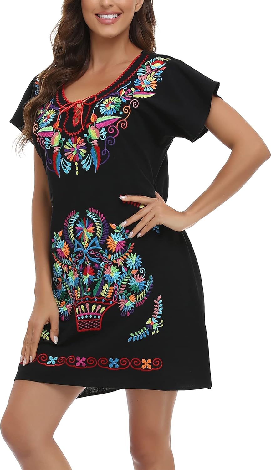 YZXDORWJ Women Mexican Embroidered Fiesta Dress V Neck Dress Short Sleeve - Image 6