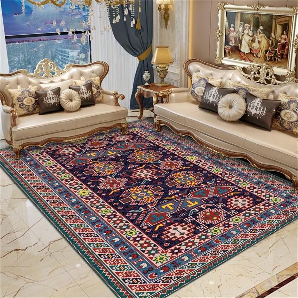 Tapis de chambre enfant bleu géométrique et rouge moderne 120x180cm