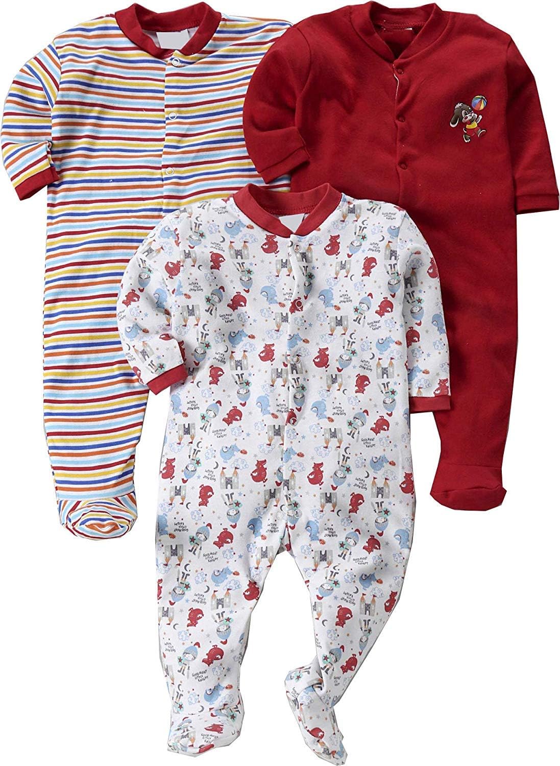 ONLINE CHOICEBorn Baby Long Sleeve Cotton Sleep Suit for Boys and Girls Set of 3 (Red, 0-3 Months)