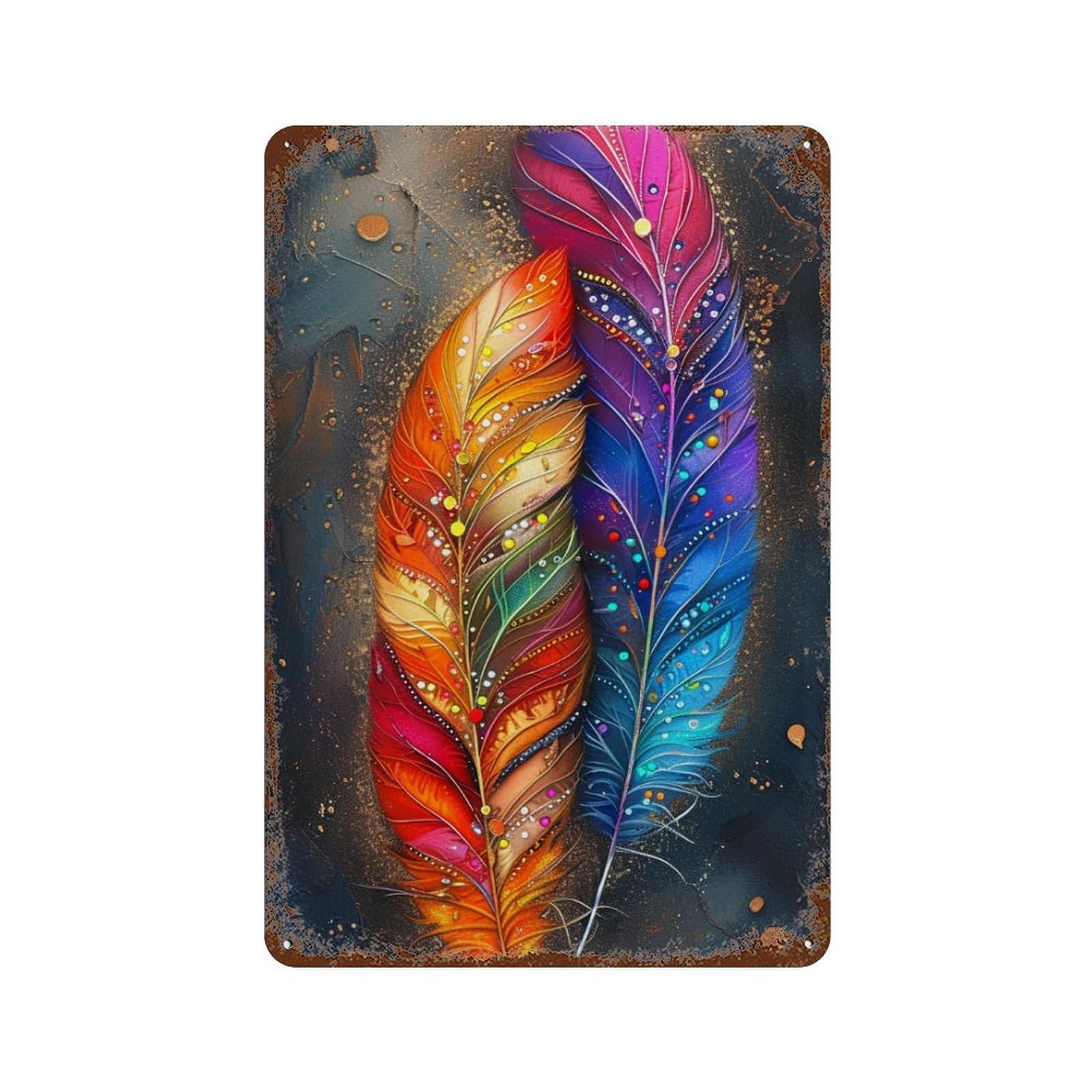 Colorful Feather Art Print Distressed Metal Wall Sign 11.8"x7.9", Ideal for Pub, Kitchen And Man Cave Decor