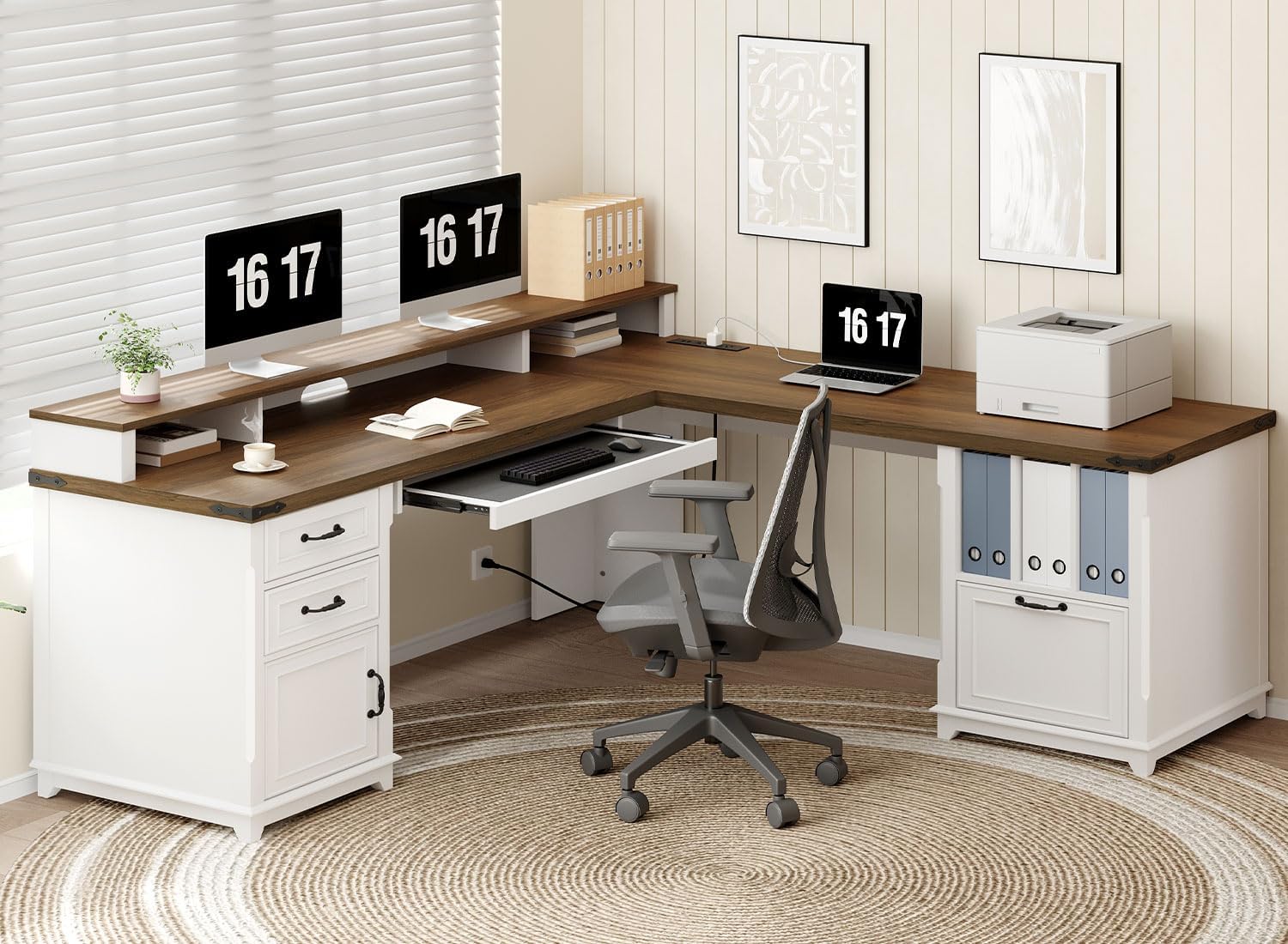 RALGEND Farmhouse 69" Executive L Shaped Desk with Drawer, Home Office Desk with Charging Station, Corner Computer Desk with Monitor Stand, File Drawer, Storage Cabinet, White and Walnut