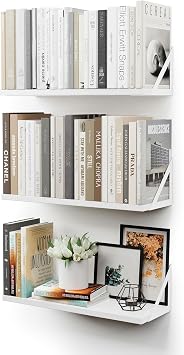 CASSA TOKO Wall Mounted Floating Book Shelves for Wall Set of 3, Shelf Bookshelf for Bedroom Living Room Office Bathroom Kitchen Rustic Wood with Metal Bracket White