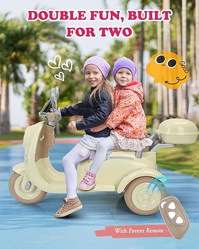 Miniatura 3 de Motocicleta de 12 V y 2 plazas para niños, scooter eléctrico con control remoto, caja de almacenamiento, música, luz LED, bocina, motor de 2 x 50 W,