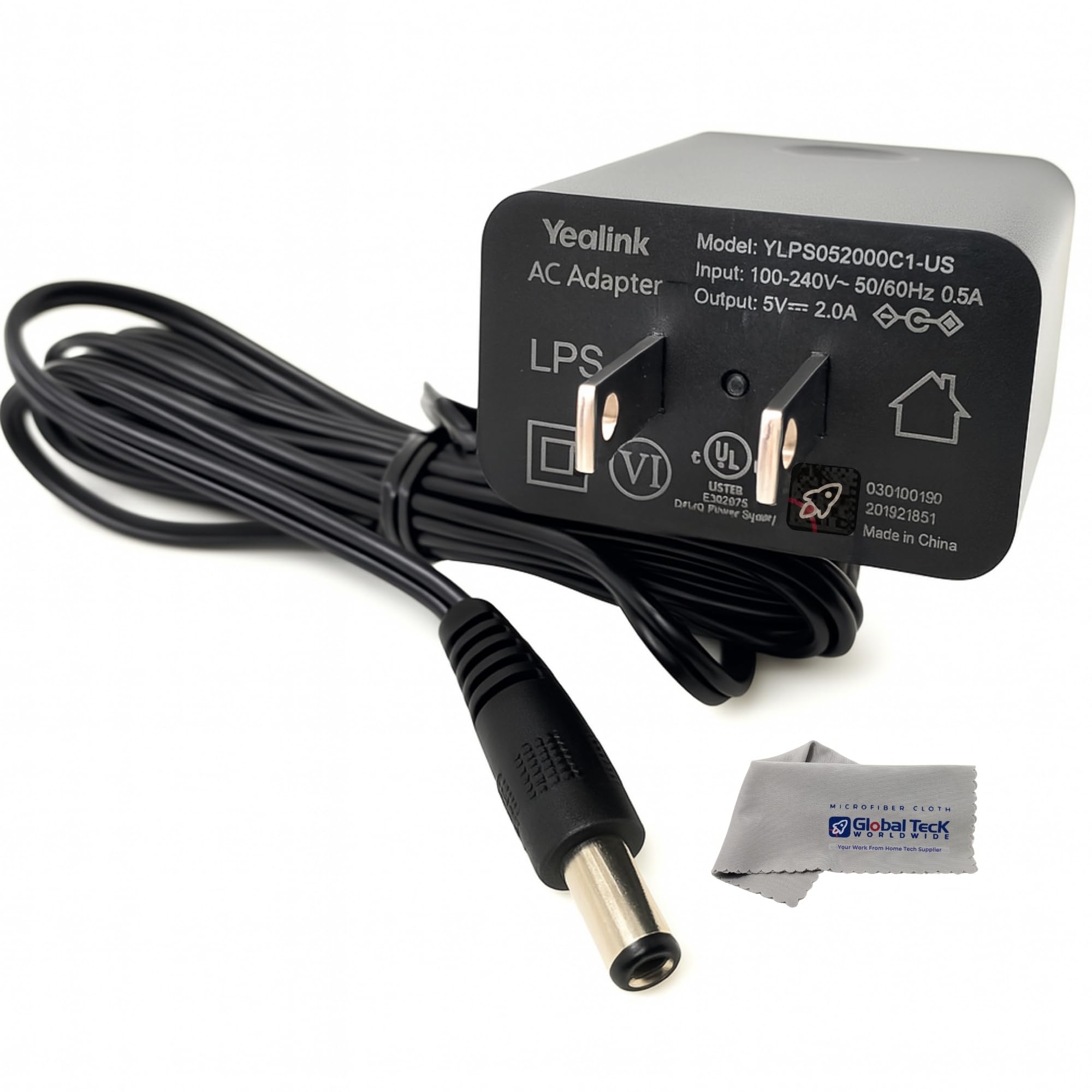 Yealink PS5V2000US Power Supply Adapter 5V 2A - Compatible with Yealink SIP Phones: T54W, T29G, T46S, T46U, T48S, T48U, T52S, T54S, T56A, T58V, T58A, T73U, T73W, T74W, T74U, T77U, w/Global Teck Cloth