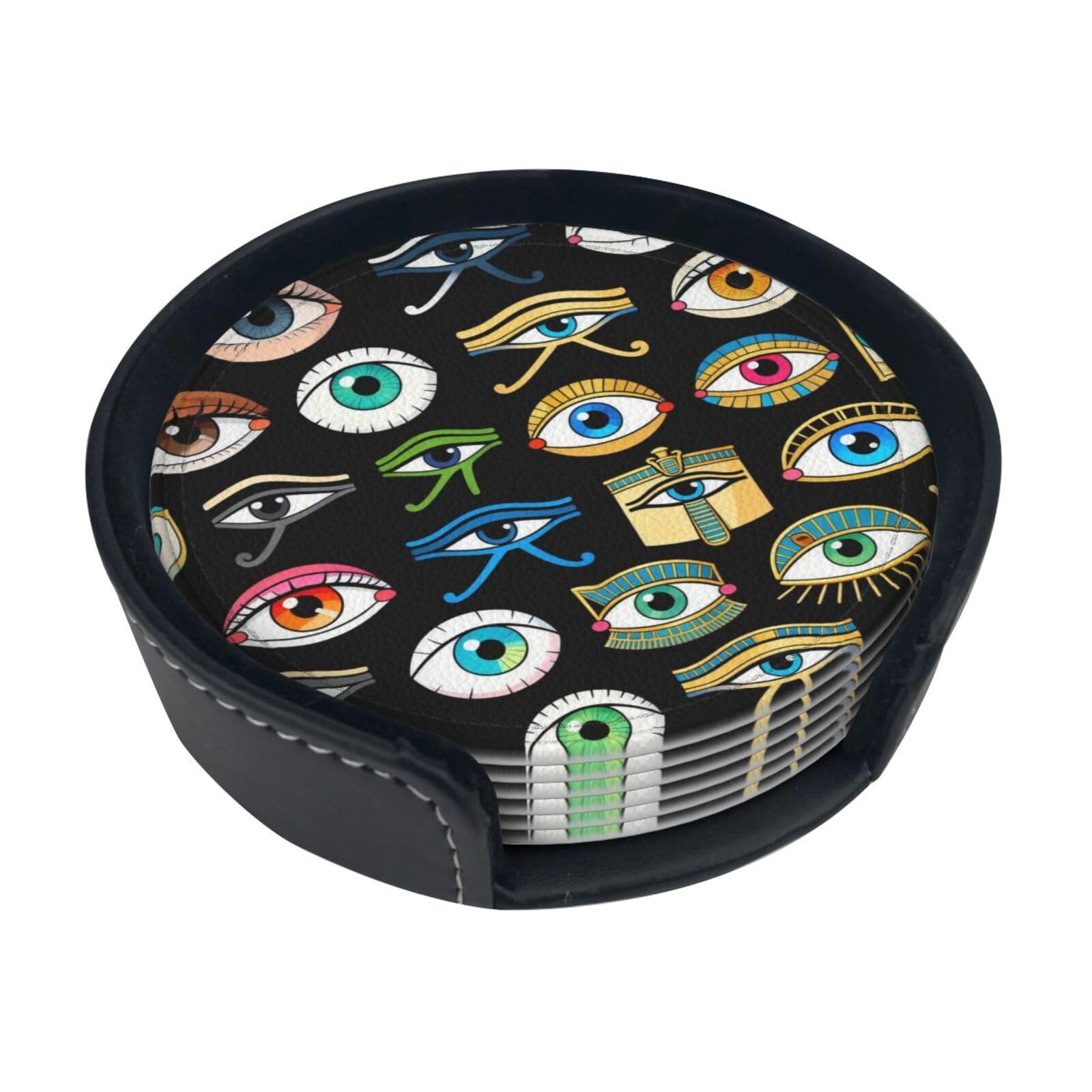 Cntdbu White Eye Pattern Leather Coasters Set Of 6-Pu Leather Drink Mats For Table, Heat Resistant Round Coasters With Holder