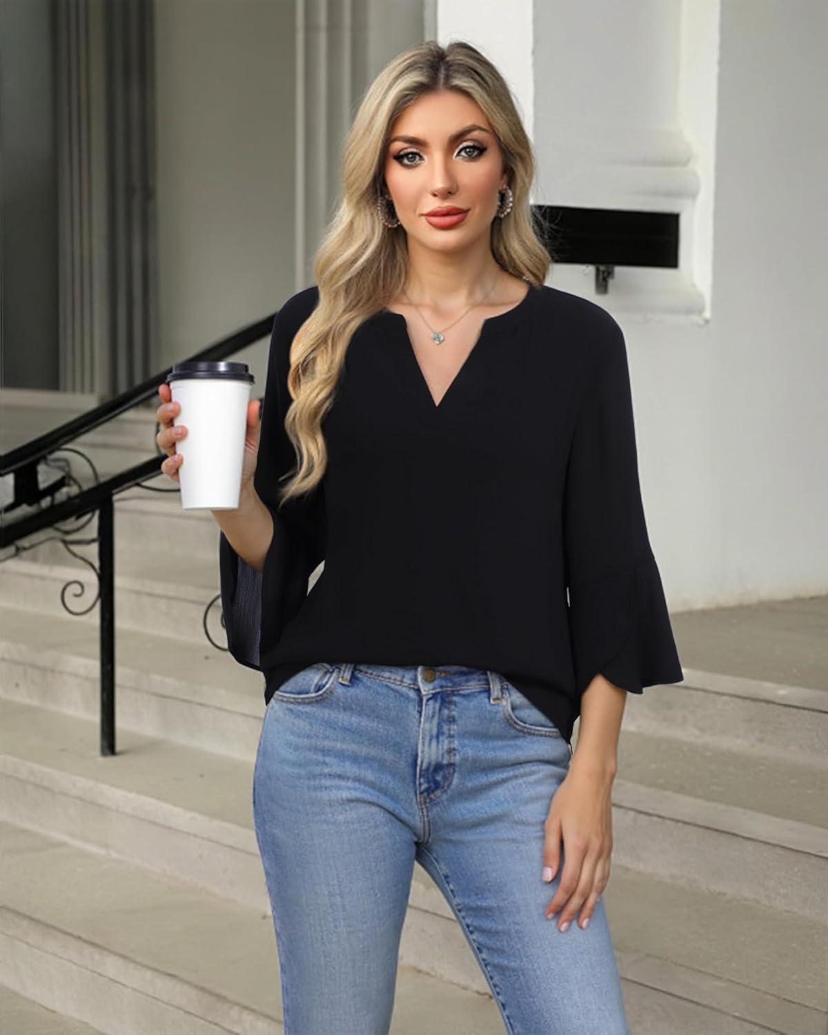 VALOLIA Womens 3/4 Sleeve Tops Dressy Casual Chiffon Blouses Floral Print V-Neck Work Office Shirts - Image 3