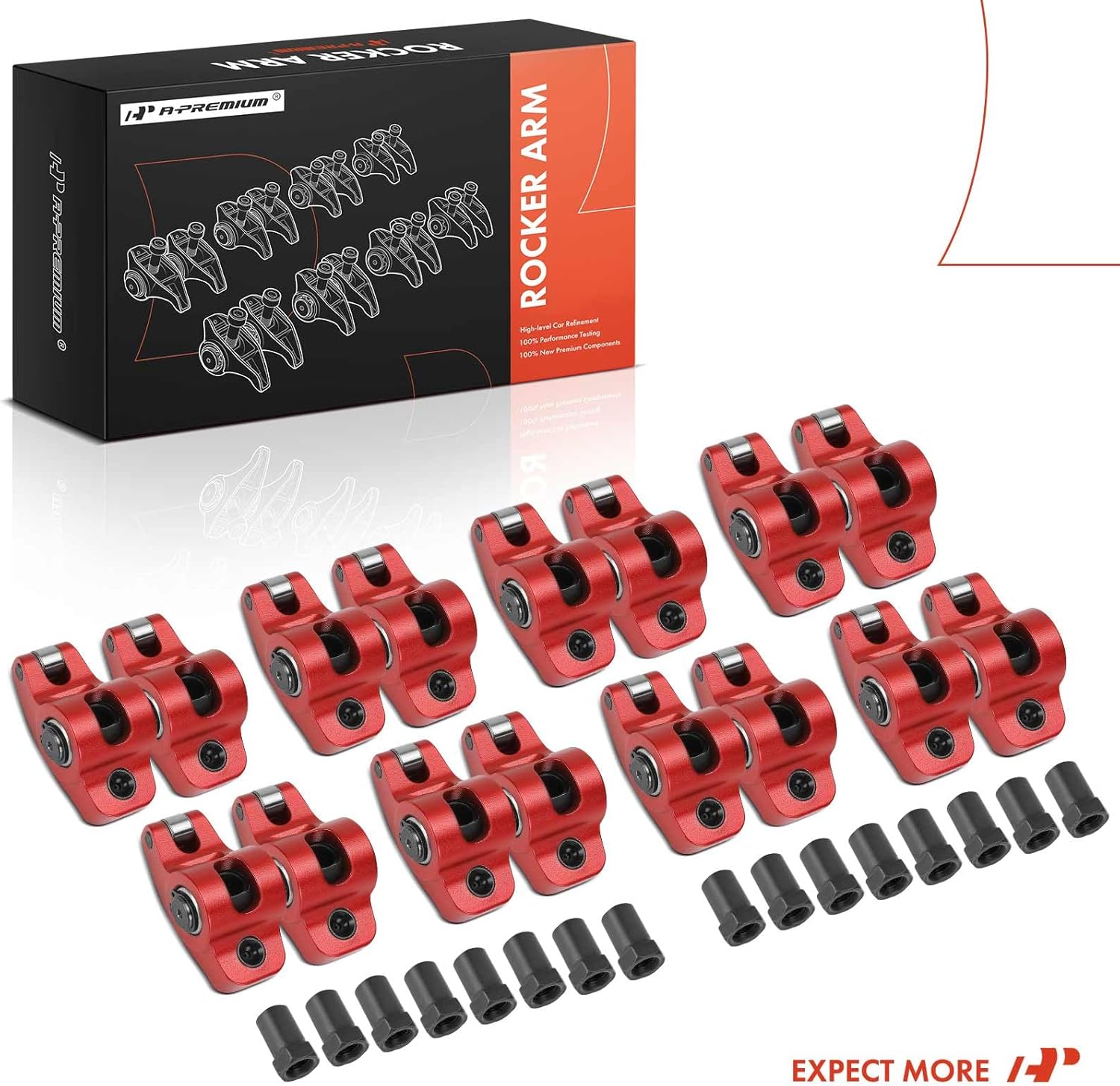 A-Premium 16Pcs Red Aluminum Engine Roller Rocker Arms with Needle Bearings Compatible with Ford SBF 302, 1.6 Ratio, 7/16" Studs
