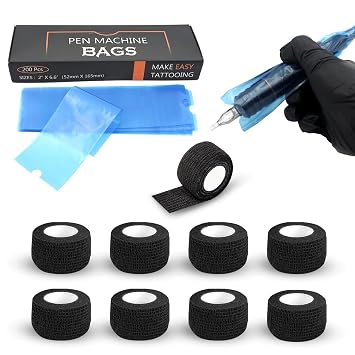EZ Tattoo Machine Covers with Grip Tapes - 9PCS 1inch x 5 Yard Tattoo Grip Wrap with 200pcs 2.0 inch X 6.6 inch Disposable Tattoo Pen Machine Covers Tattoo Supplies