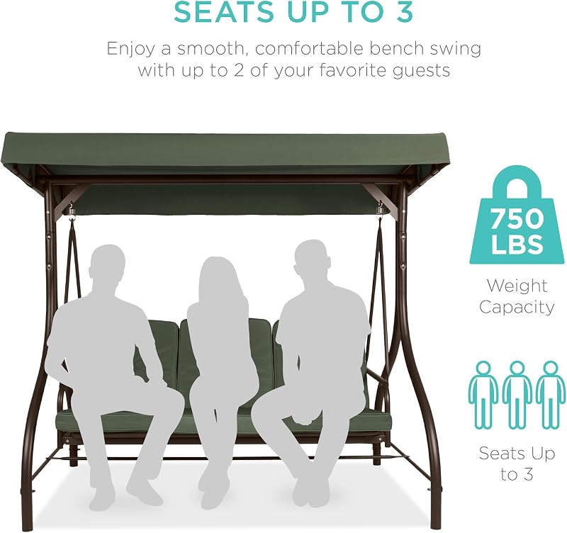 Best Choice Products 3-Seat Outdoor Large Converting Canopy Swing Glider, Patio Hammock Lounge Chair for Porch, Backyard w/Flatbed, Adjustable Shade, Removable Cushions - Midnight Green image 4