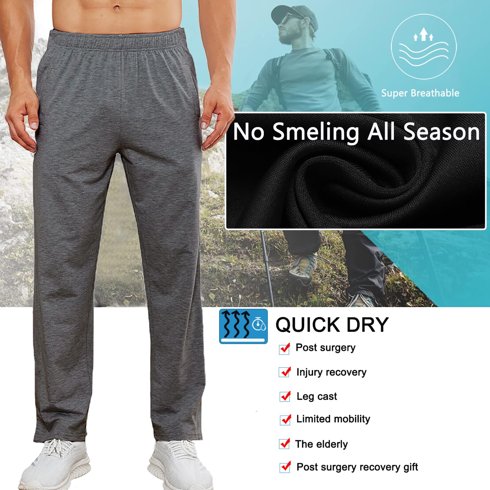 Deyeek Pantalones de chándal para hombre, 2 lados, parte inferior abierta, ajuste holgado, casual, postoperatoria, con bolsillos