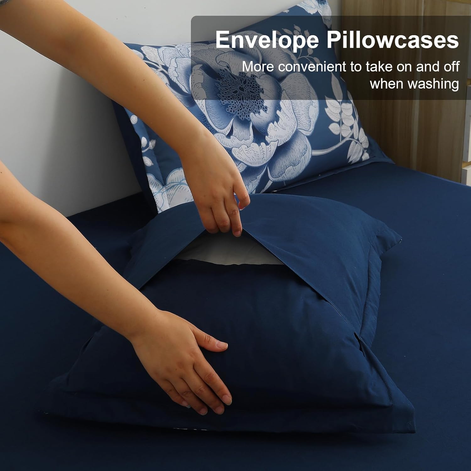 Luxudecor Floral Comforter Set King Size 7 Pieces Bed in a Bag,Flower Print on Blue Bedding Set,Soft Microfiber Bedding Set for All Season (Blue,104"x90") - Image 5