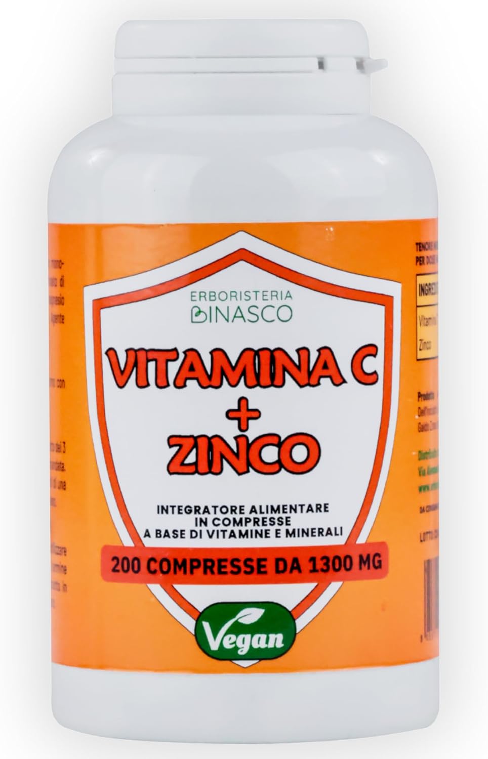 Vitamine C 1000 mg + zink, ascorbinezuur, 200 tabletten (6 + maanden), 1 per dag, veganistische vitamine C, puur zetmeel, voedingssupplement zonder additieven. kruidenboristeria Binasco®, Made in