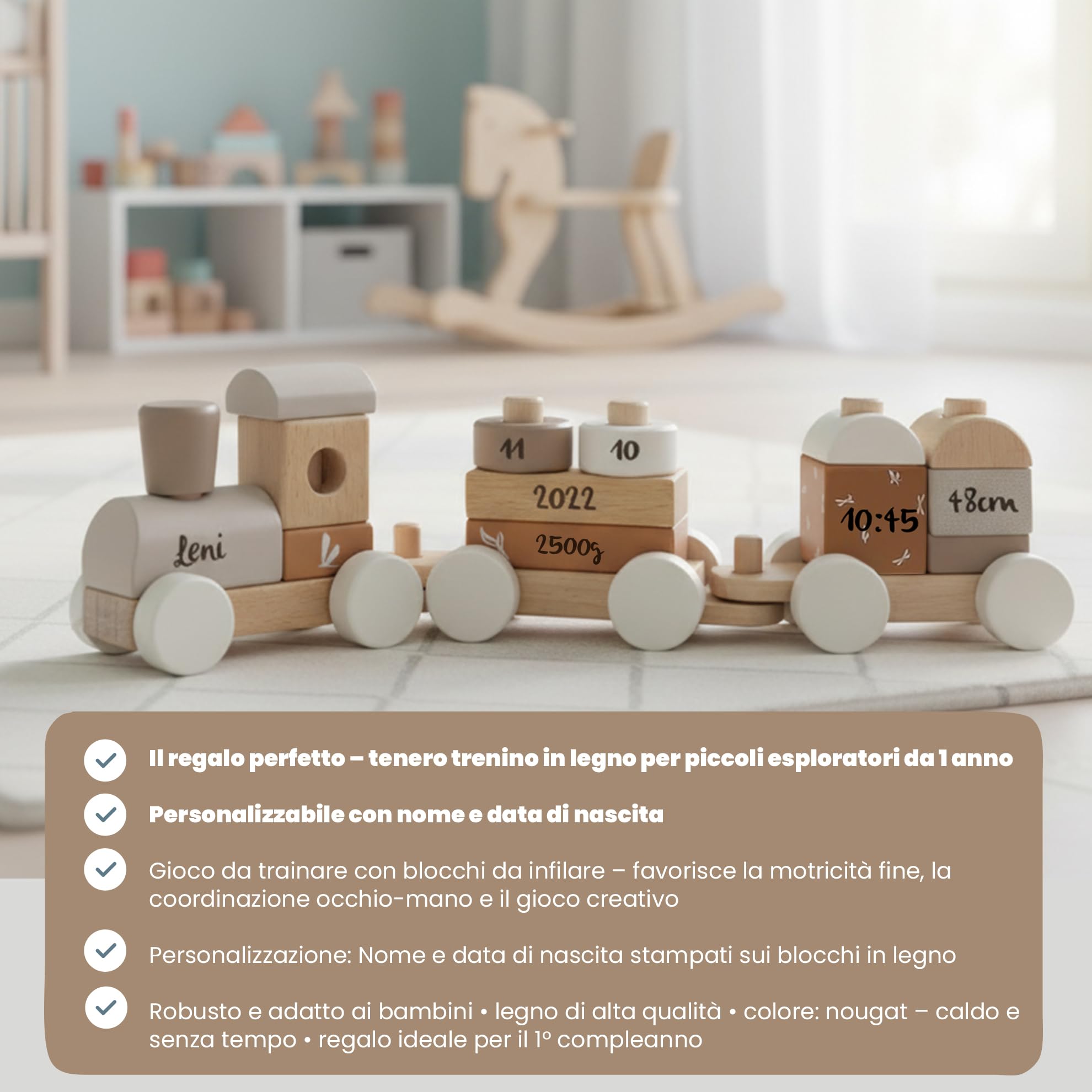 Personalizzabile treno impilabile in legno Nougat – gioco educativo & motricità fine – per bambini 18+ mesi – personalizzato con nome e data – Label Label