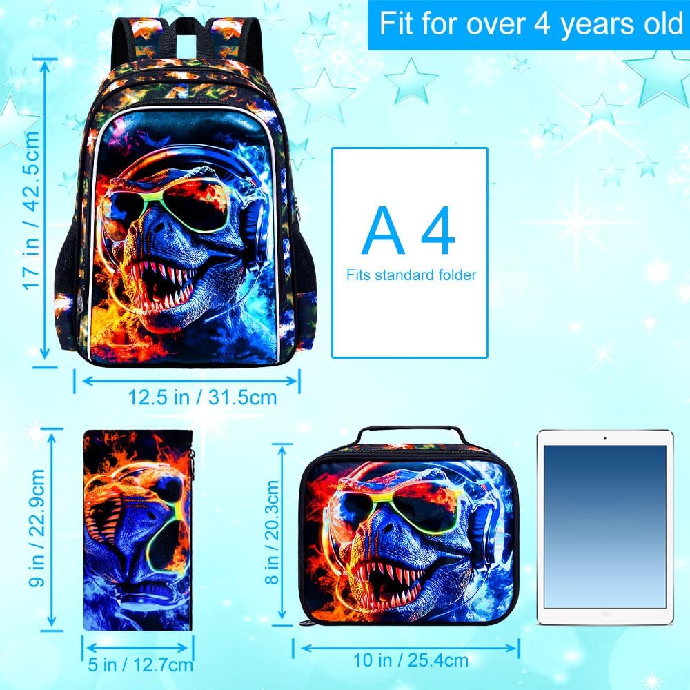3PCS Dinosaur Backpack for Boys, Water Resistant Kids Bookbag with Lunch Box, 17" School Bag Set for Teenagers Middle Elementary - Sunglasses Dinosaur - Image 5