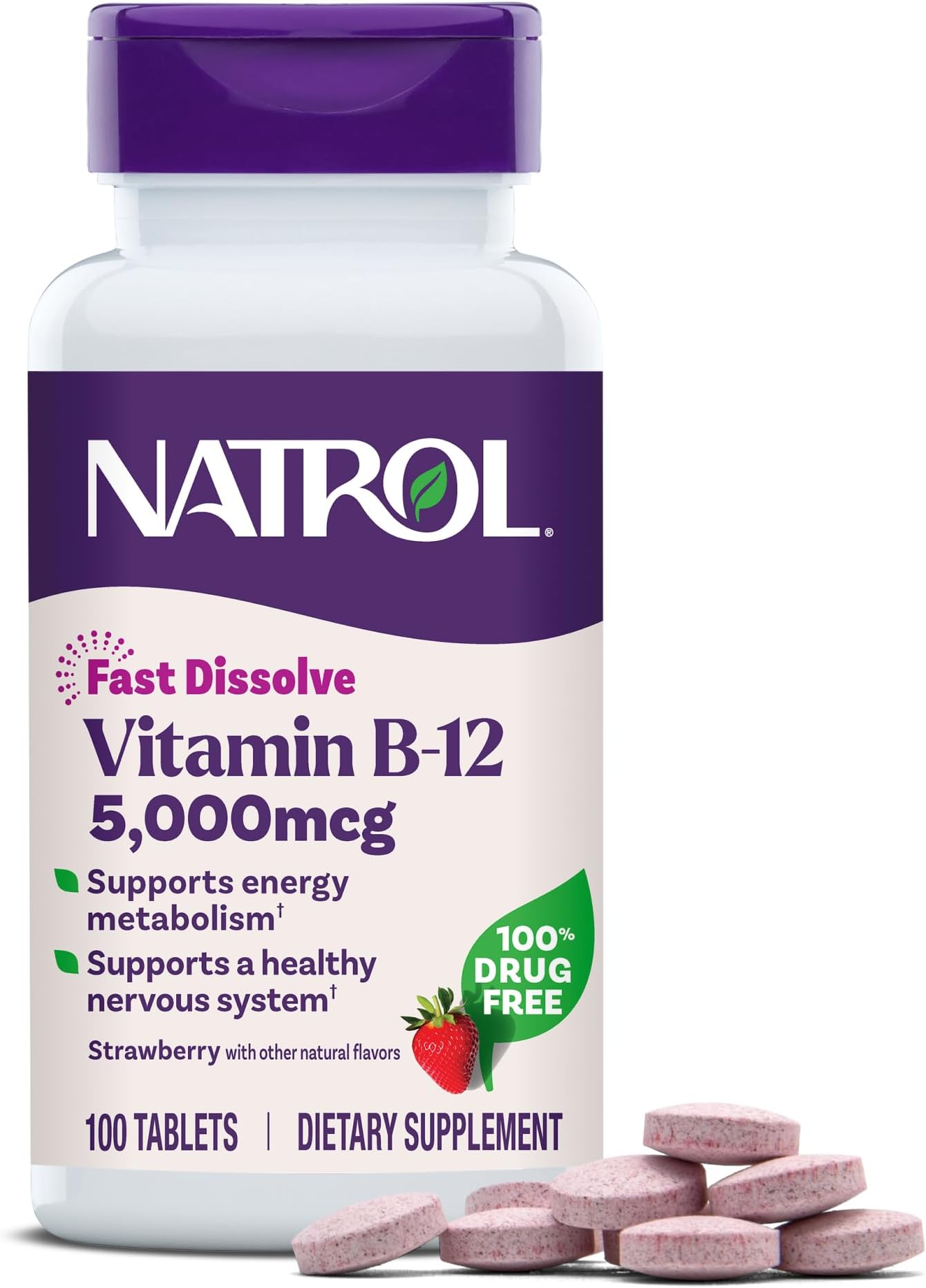Natrol Vitamin B12 5,000 mcg, Fast Dissolve Vitamin B12 Supplement Supports a Healthy Nervous System and Energy Metabolism, 100 Tablets, Up to a 100 Day Supply