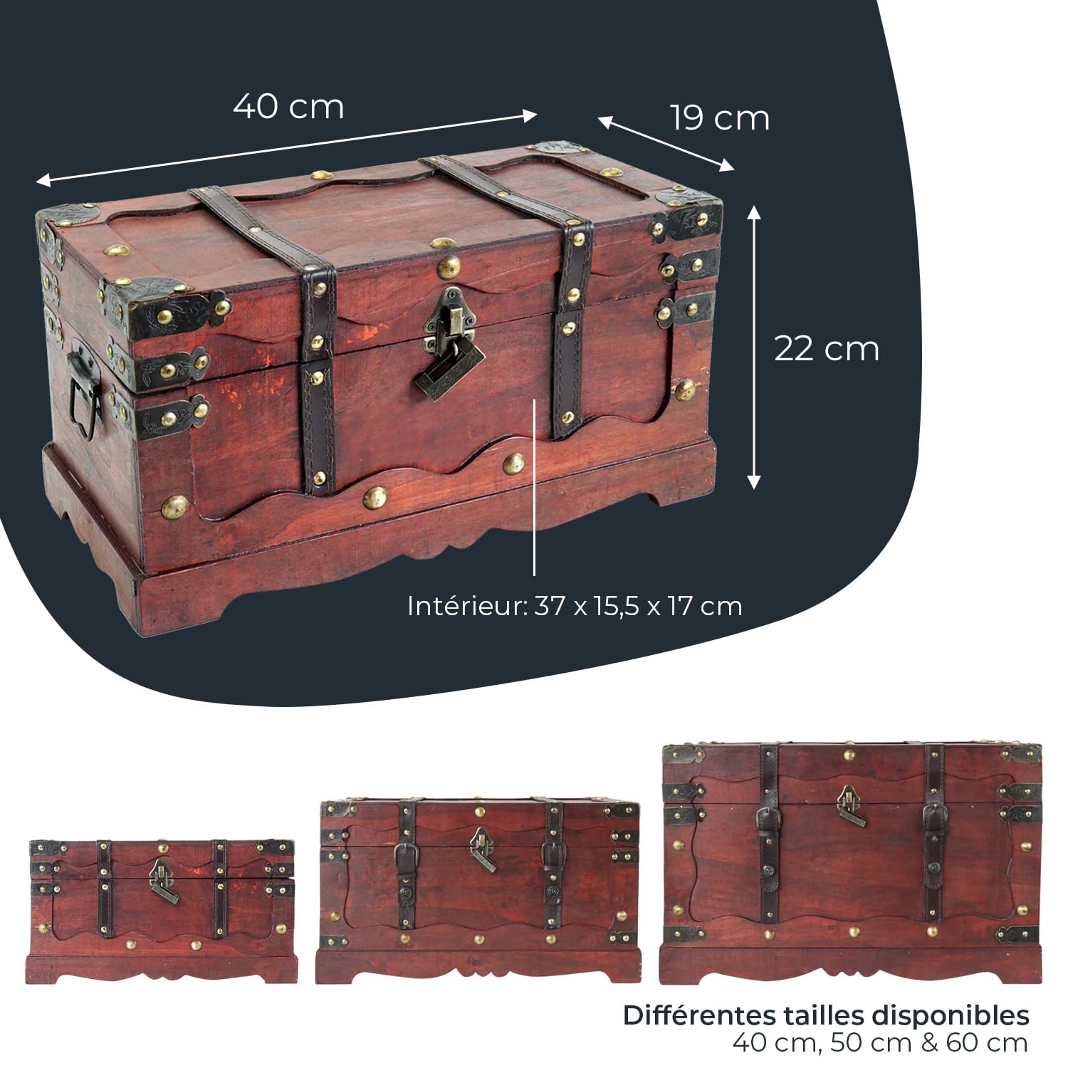 HMF Coffre au trésor en bois, grande Malle au trésor avec serrure décorative pour anniversaire d’enfant | 40 x 19 x 22 cm | France