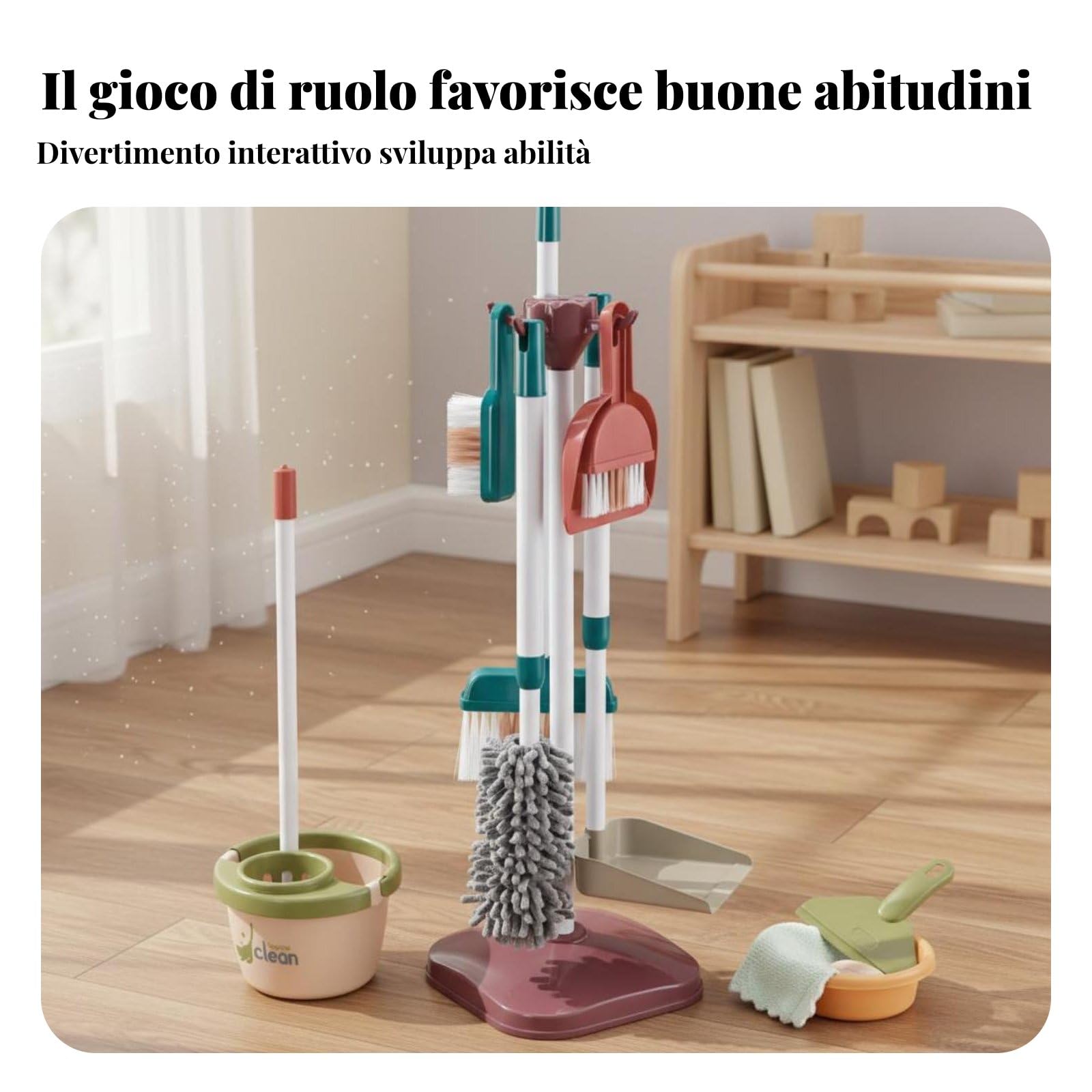 Aspirapolvere Giocattolo Bambini Fornito con Mop Scope Paletta Secchio Elementi Organizzabili Struttura Solida Funzione Stimolante Adatto per Sviluppo, Set 667-59