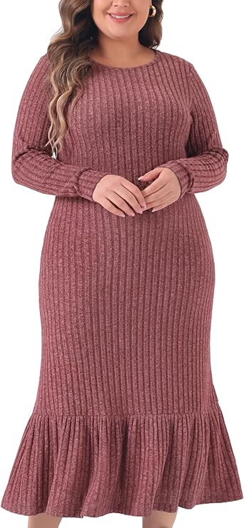Agnes Orinda Plus Size Dress for Women Ribbed Knit Long Sleeve Crew Neck Ruffled Hem Midi Dresses
