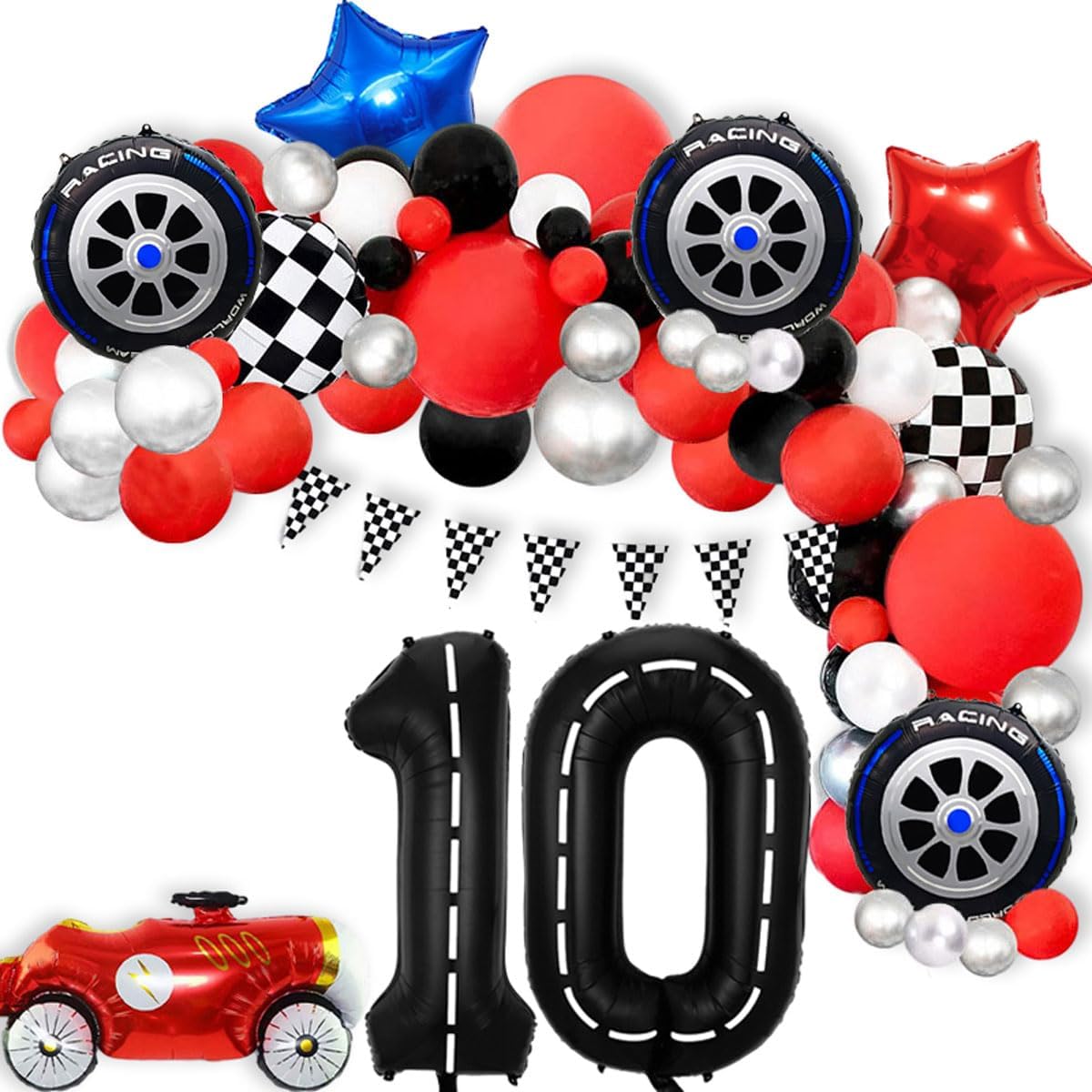 Race Car Balloons Cars Birthday Decorations Foil Wheels Balloon, Large 40 Inch Black Number 0 Balloons for 10st Racing Theme Birthday Party Decor 7 Pcs