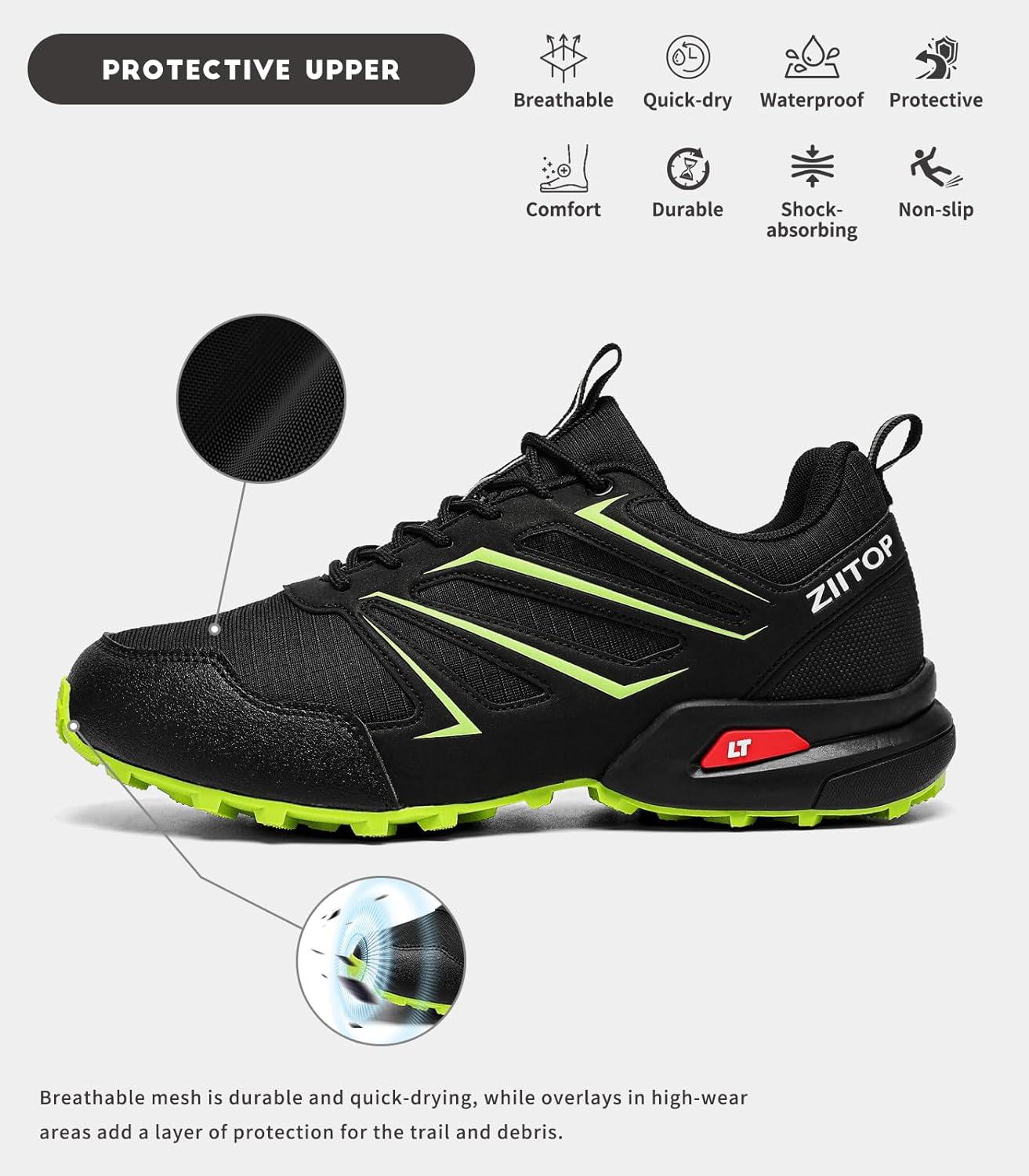 Mens Trail Running Shoes Waterproof Non-Slip Hiking Walking Sneakers for Outdoor Trailing Trekking Camping Quest Black - Image 2