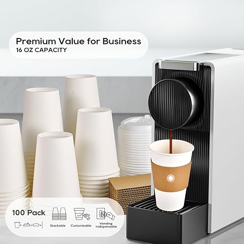 Vista 11 de [Paquete de 100] Tazas de café de papel de 12 onzas, taza de café de papel desechable con tapas, mangas y agitadores, taza para bebidas Paquete
