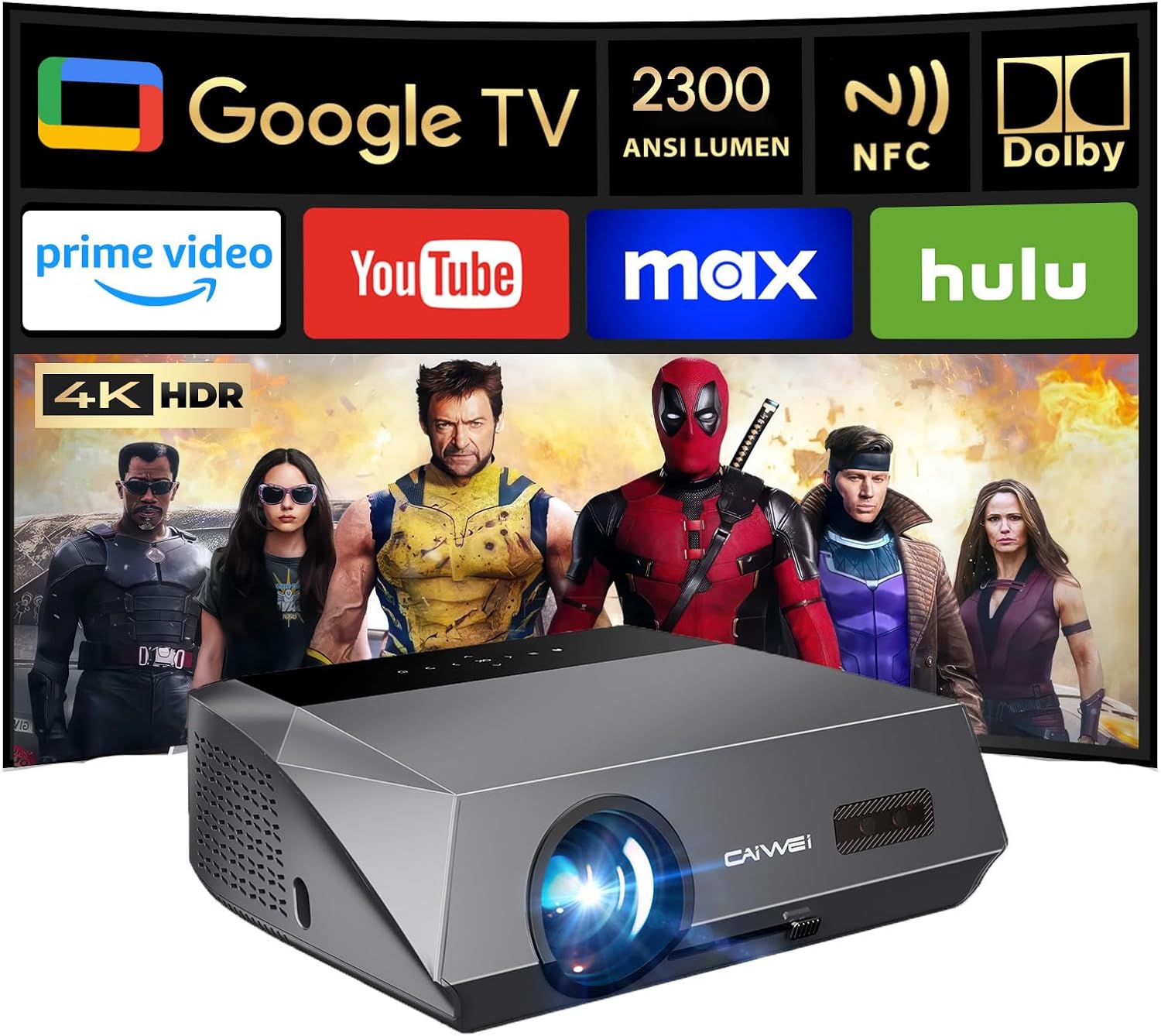 2300 ANSI Daytime Projector with Google TV Ultra HD 4K Smart Projector Daylight with Tof Auto Focus HDMI ARC DD+ Bluetooth WiFi6 for Bright Home Theater Outdoor Movie Church Bar
