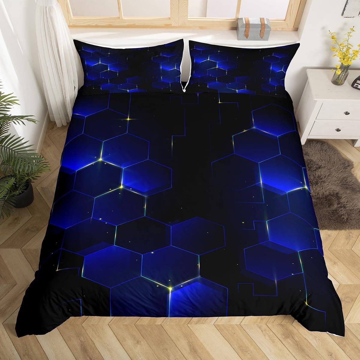 Blue Honeycomb Duvet Cover Beehive Hexagon Bedding Set Geometric Honeycomb Comforter Cover Simplistic Decor With 2 Pillow Case Double