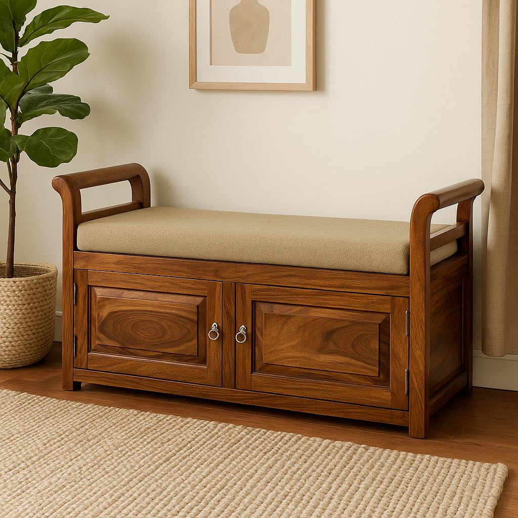WOODMAZE Sheesham Wood 2 Seater Bench for Living Room |Wooden Settee for Entryway| Dining Bench with Cushion & 2 Door Cabinet Storage for Home | Two Seater Sofa Couch for Hall |(114L*44W*61H CM)