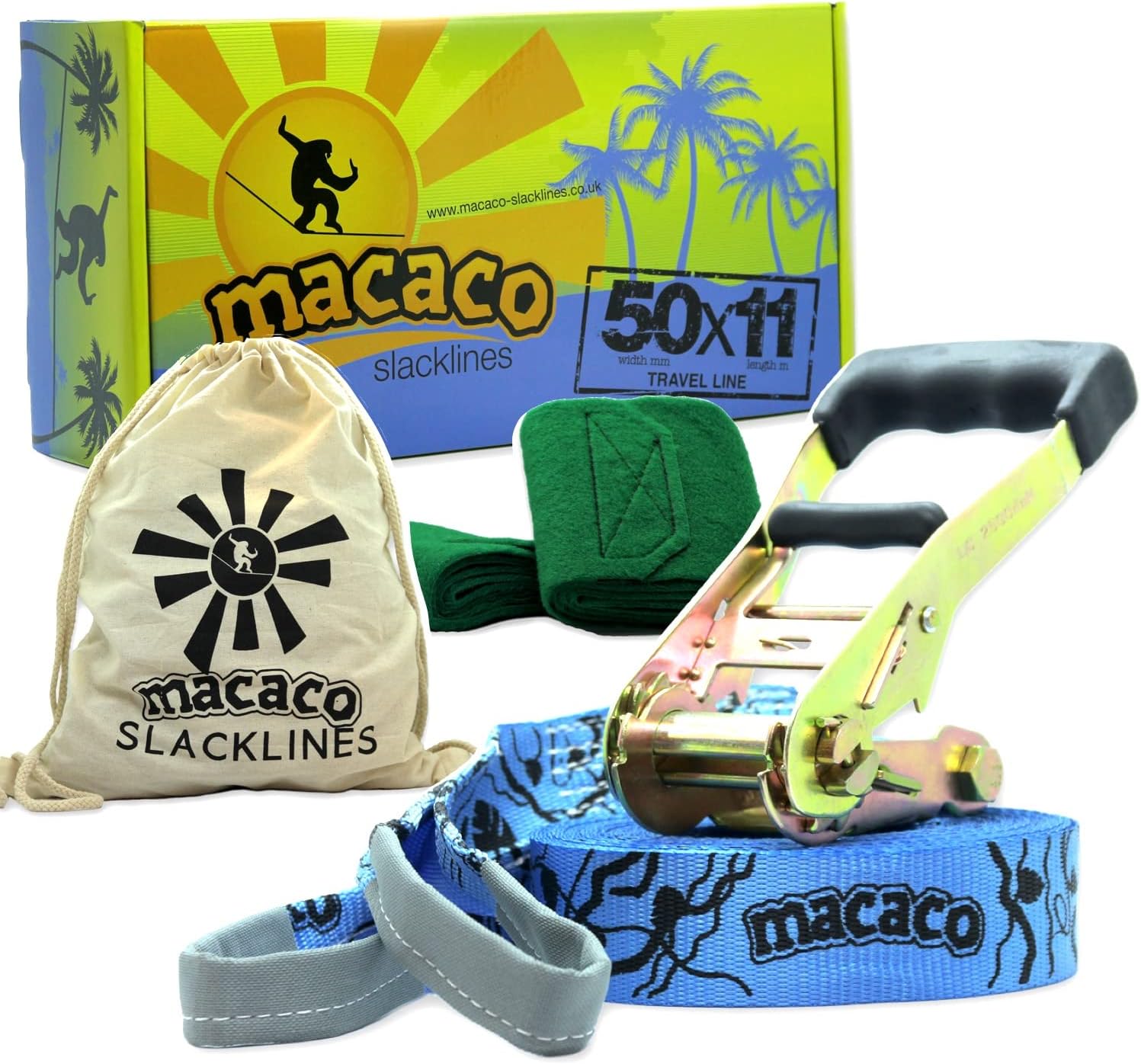 Macaco Travel Slackline 36ft x 2in Incl Ratchet, Bag and Instructions