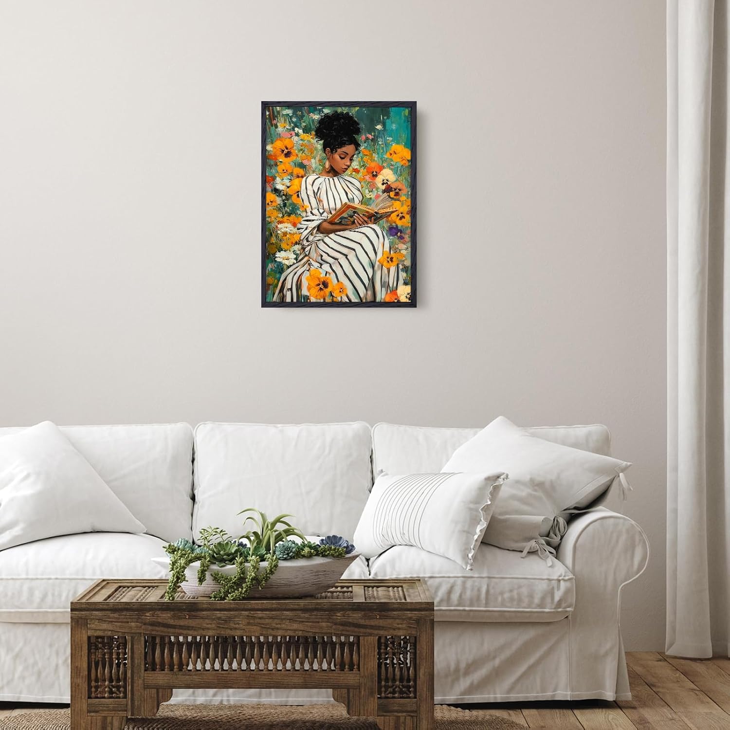 TavoIinda African American Woman Reading in Flower Garden Framed Canvas Wall Art - Botanical Literary Canvas Print on Wood Frame, Inspiring Library & Bedroom Home Decor