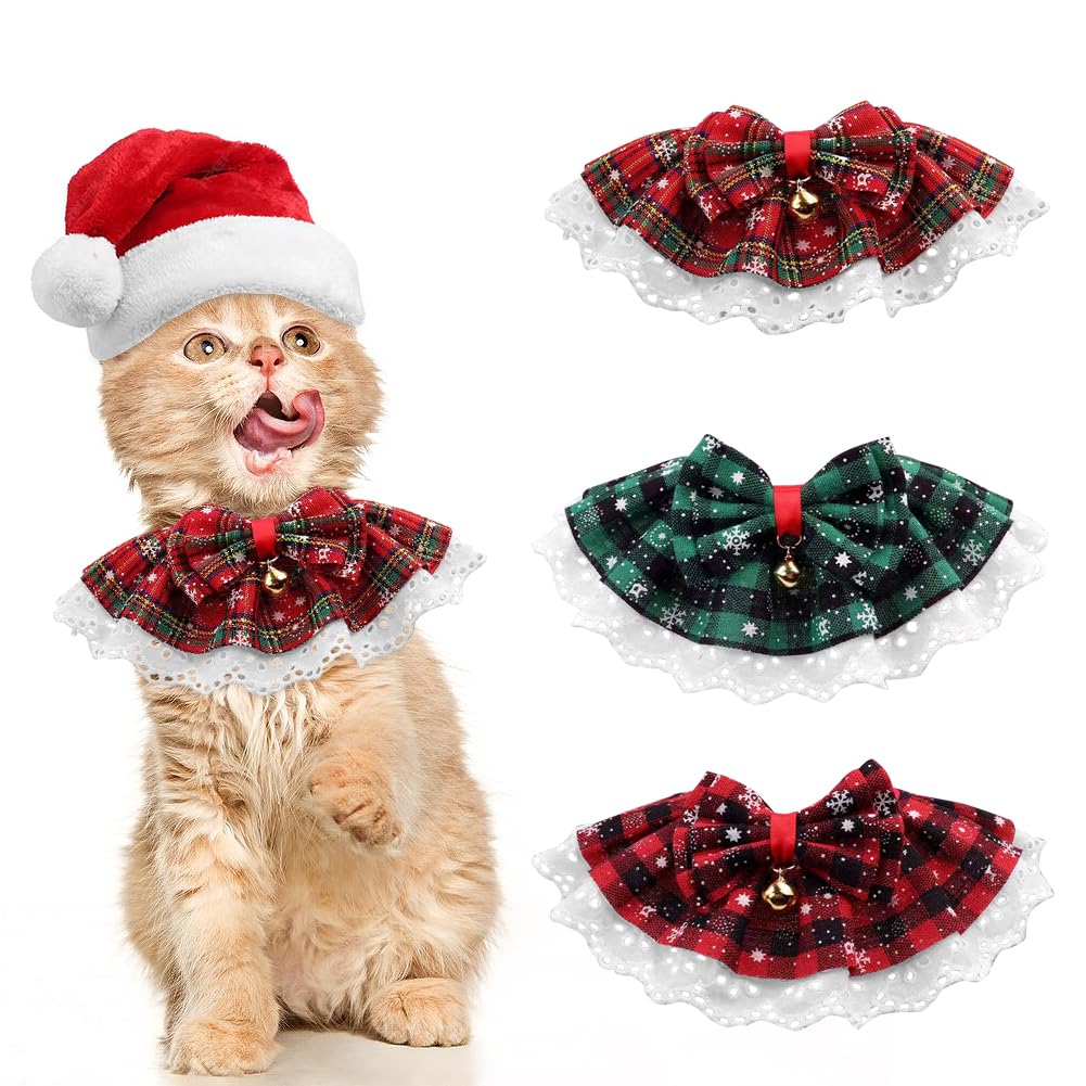 Christmas Cat Collar Set, 3PCS Holiday-Themed Pet Scarf with Bells, Festive Red Green Black Plaid Design