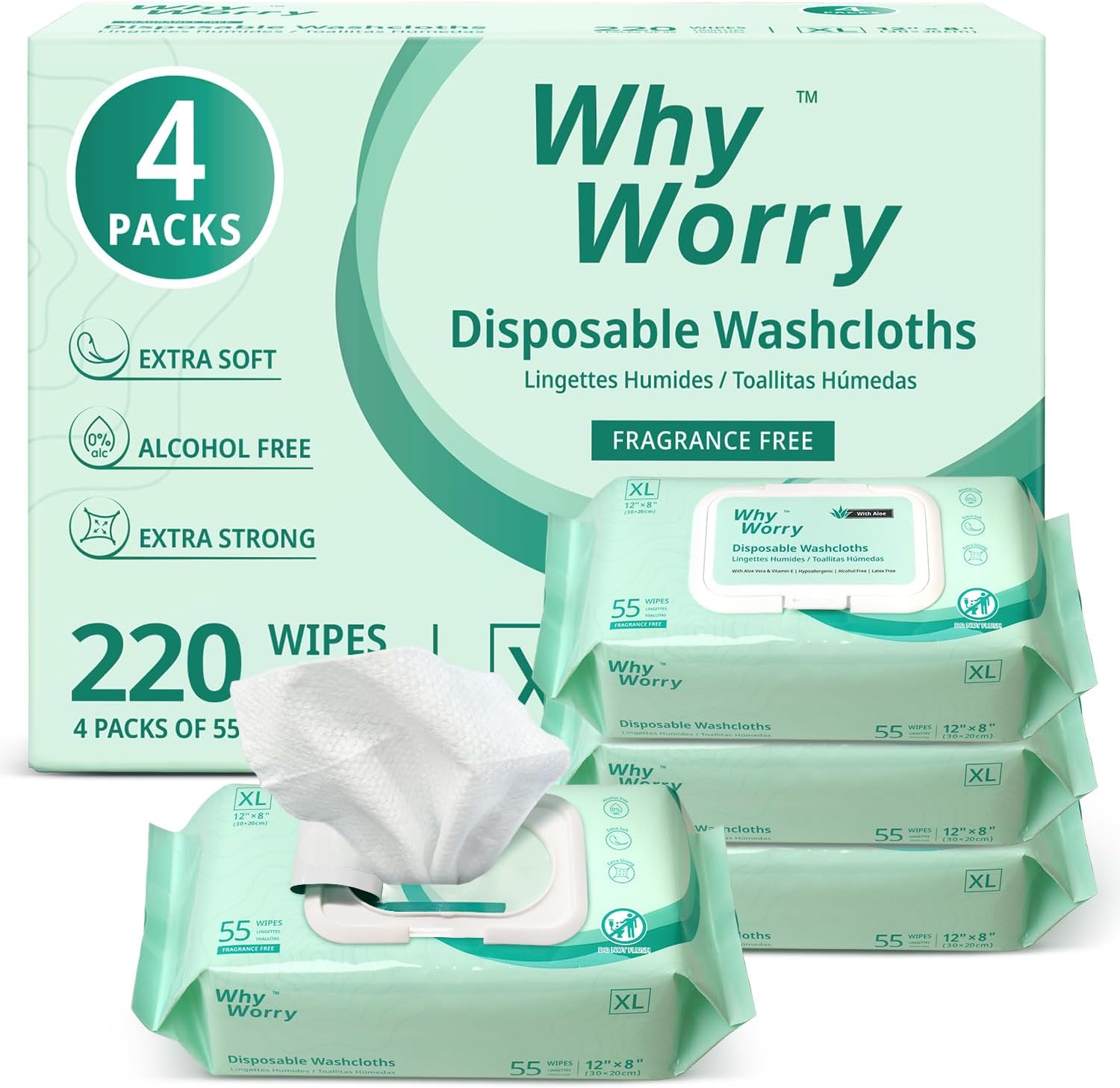 WhyWorry Wet Wipes for Adults, 8"x12" Extra Large Body Cleansing Wipes for Elderly & Incontinence, Extra Thick Adult Washcloths Disposable with Aloe & Vitamin E, Unscented, 220 Count (4 Packs of 55)
