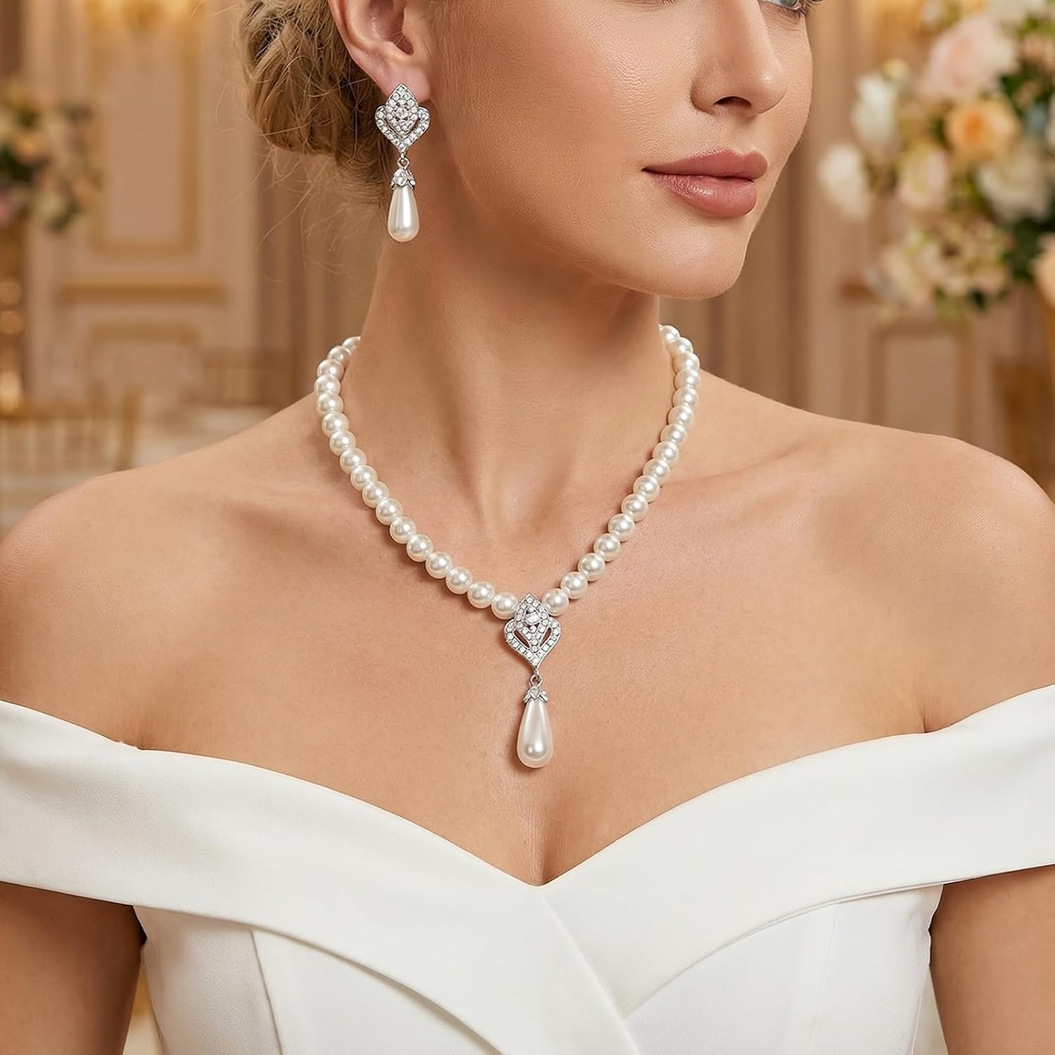 Pearl Necklace Set,Fake Pearl Necklace and Earring Set Accessories,White Bridal Pearls Jewelry Sets for Women,Gifts for Women Wedding Accessories Sets and Prom Party Outfit Decoration - Image 7