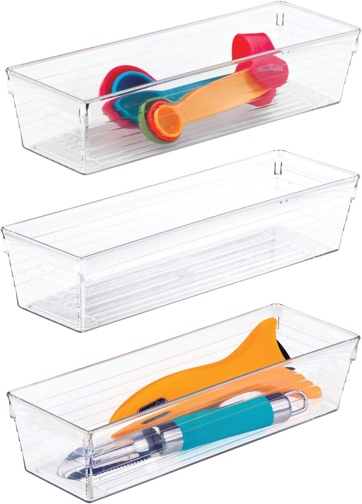 iDesignSierra Plastic Drawer Organizer, Storage Container for Silverware, Utensils, Kitchen Gadgets in Pantry, Cabinets, Countertops, 3" x 9" x 2", Set of 3 - Clear
