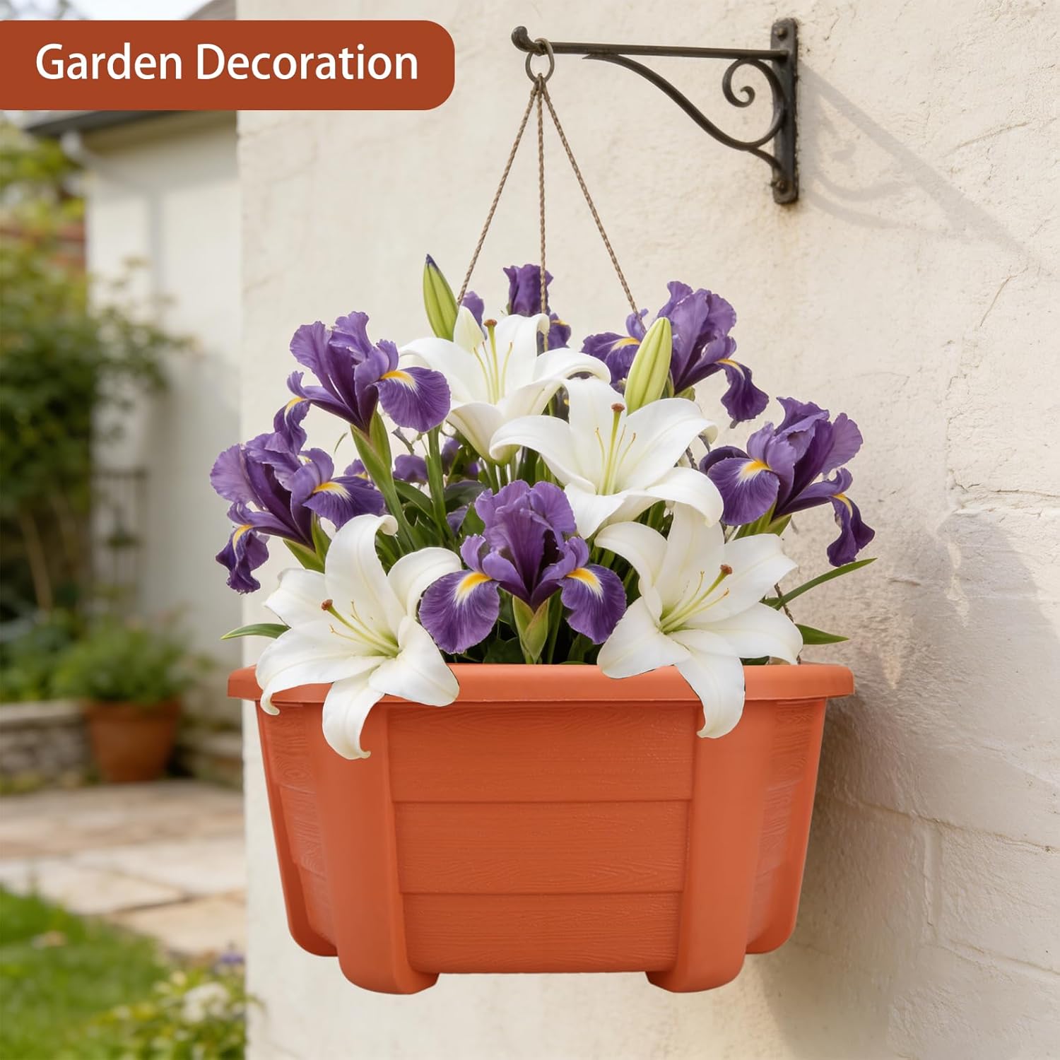 summer flower 3 Pack Hanging Planters for Railing, 9.84 Inch Plastic Window Box with Drain Hole Plug, Indoor Outdoor Flower Pots for Balcony Fence Garden Decor (Red)