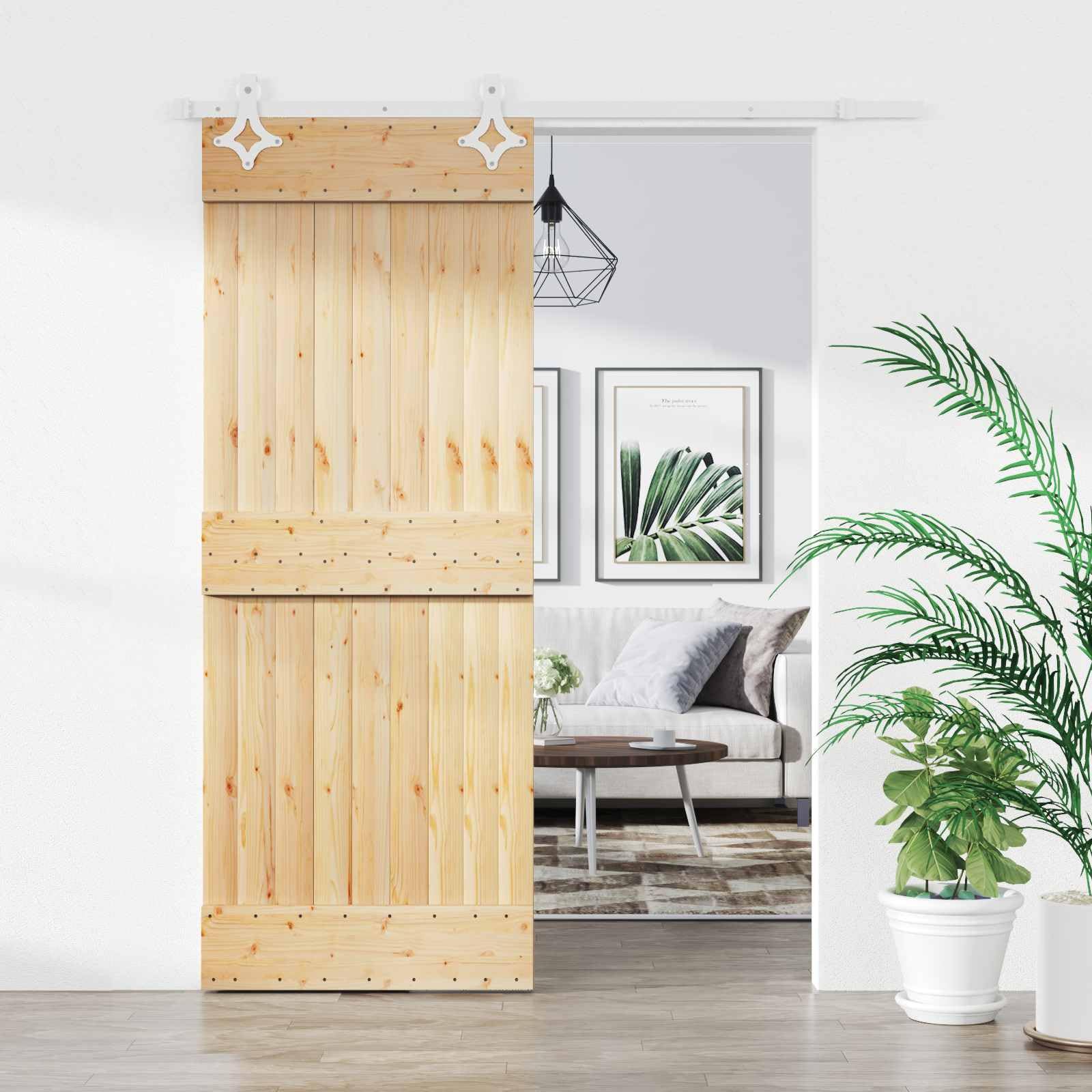 Puerta corredera madera pino 183 x 210 cm | Mecanismo superior, guía de acero pintado, diseño que ahorra espacio, solo uso interior