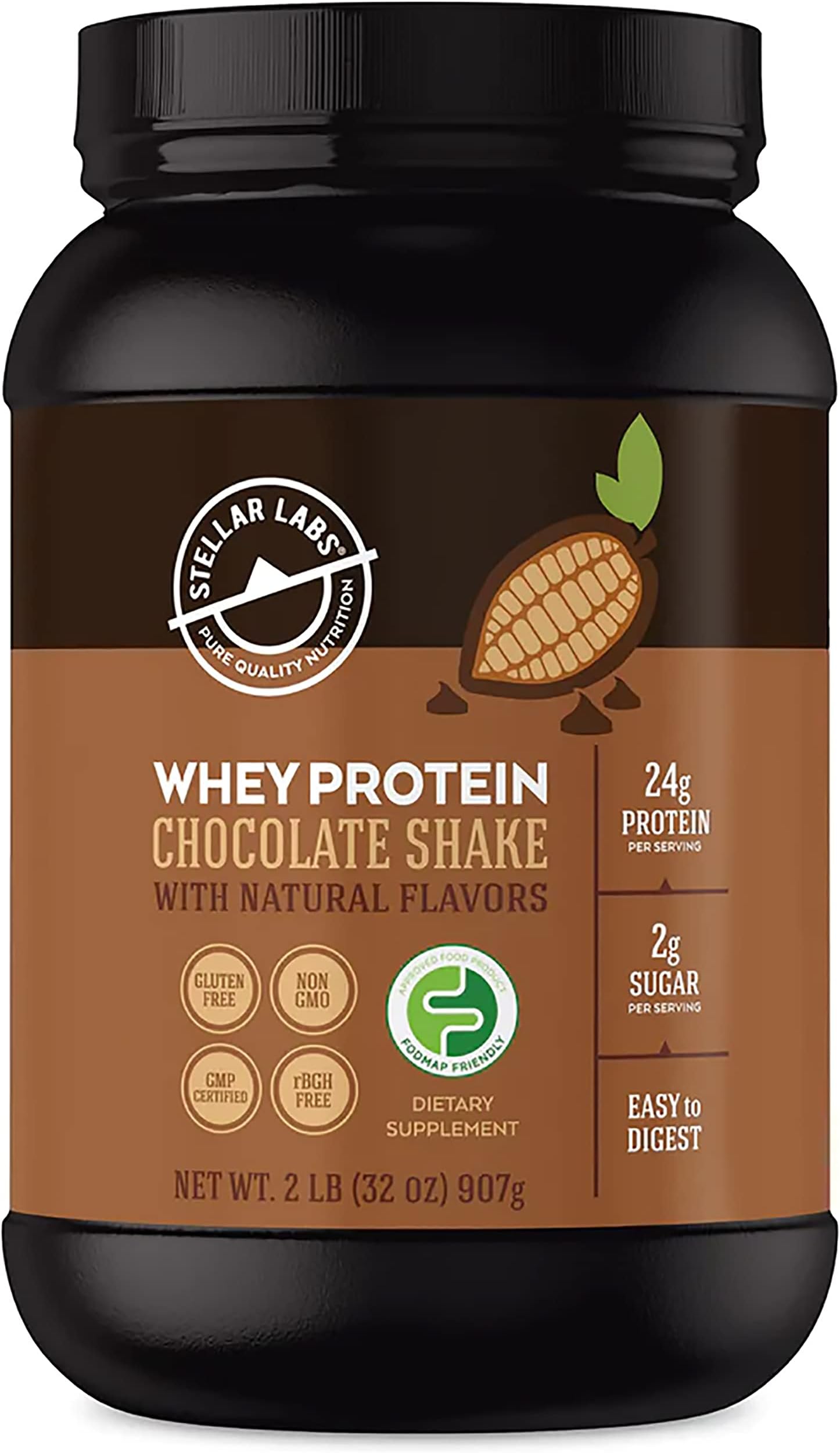 Stellar Labs Whey Protein Powder with BCAA's & Whey Isolate | Certified Low FODMAP, Non GMO, Gluten Free, Low Carb, Keto, with Stevia | All Natural Lean Post Workout Shakes | Chocolate
