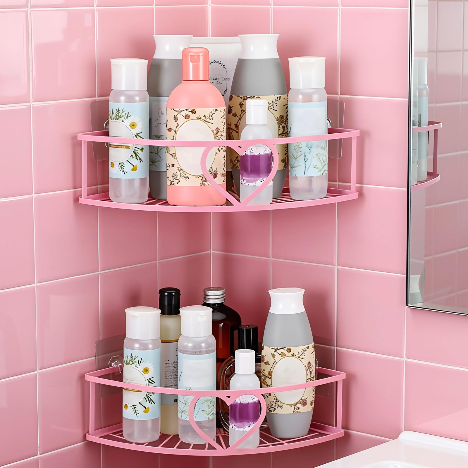 Otoolling 2 Pack Pink Heart Corner Shower Caddy No Drilling Pink Shower Shelves Coquette Corner Caddy with 5