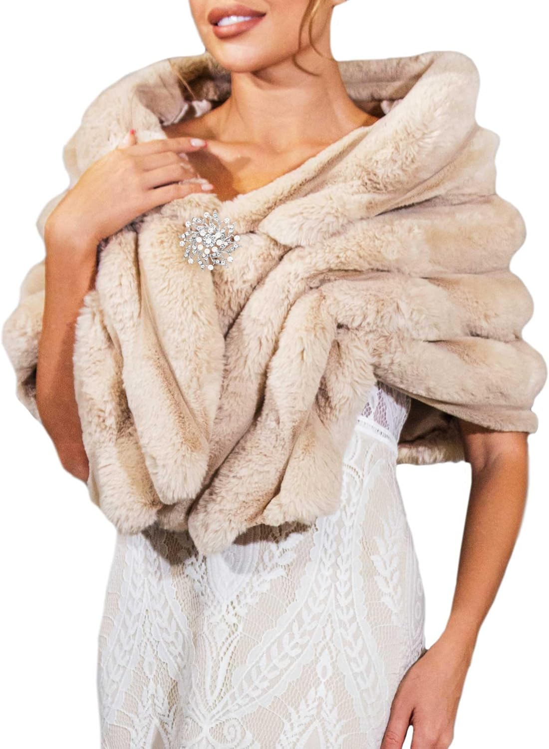 GORAIS Women Wedding Faux Fur Shawl and Wrap Bridal Winter Fur Stole Shrug for Brides and Bridesmaids