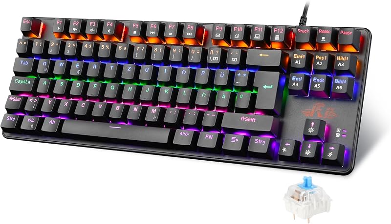 Rii RK908 Mechanikus Gamer Billentyűzet, TKL QWERTZ Kék Kapcsolókkal, RGB Háttérvilágítással, Makró Funkcióval, USB Kábeles, Fekete