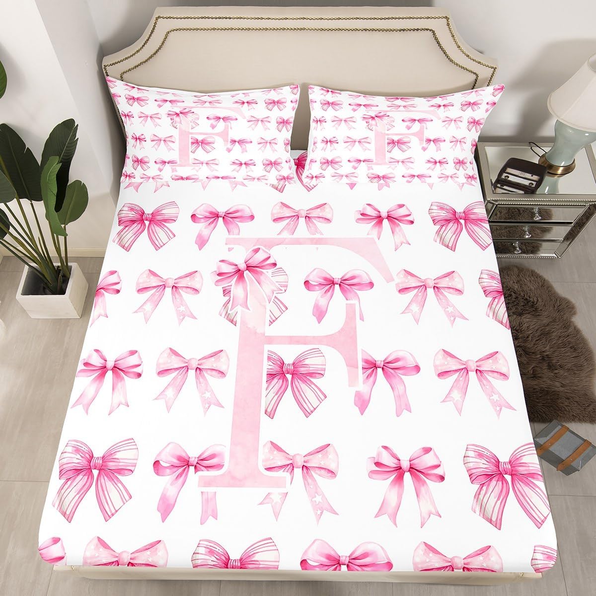 Erosebridal 3D Initial Letter F Bed Sheets Full Size Coquette Pink Bow Fitted Sheet for Mom/Daughter/Sister Aesthetic Bowknot Cute Preppy Bed Set Dreamy Fantasy Monogram Sheets with Deep Pocket(F)