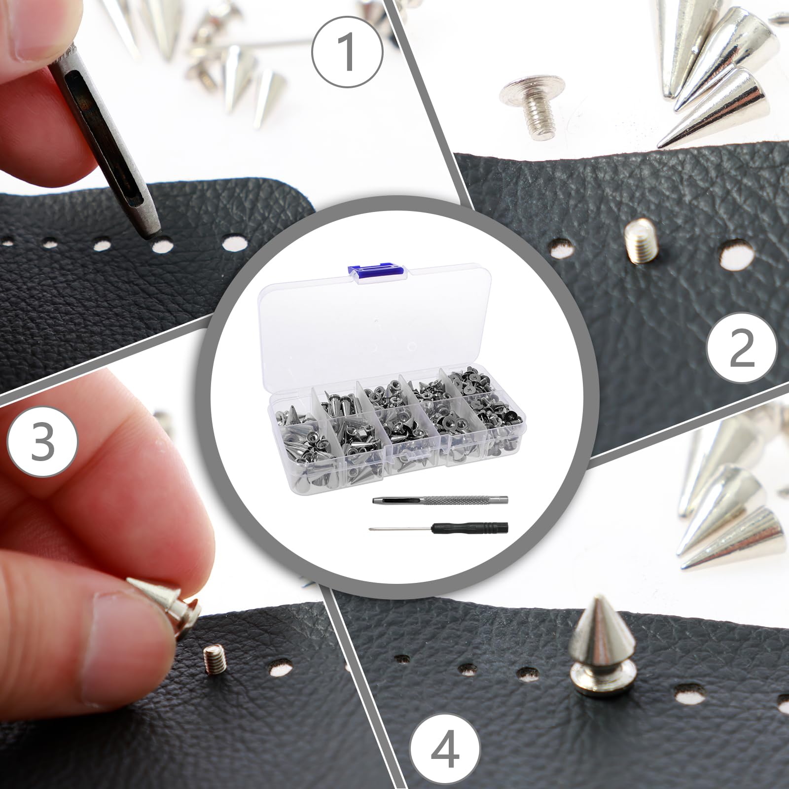 Kit de 359 puntas y tachuelas punk, kit de remaches de cono y tachuelas, kit surtido de 8 tamaños de metal y cuero, kit de decoración de tachuelas para ropa, chaqueta, zapatos, cartera