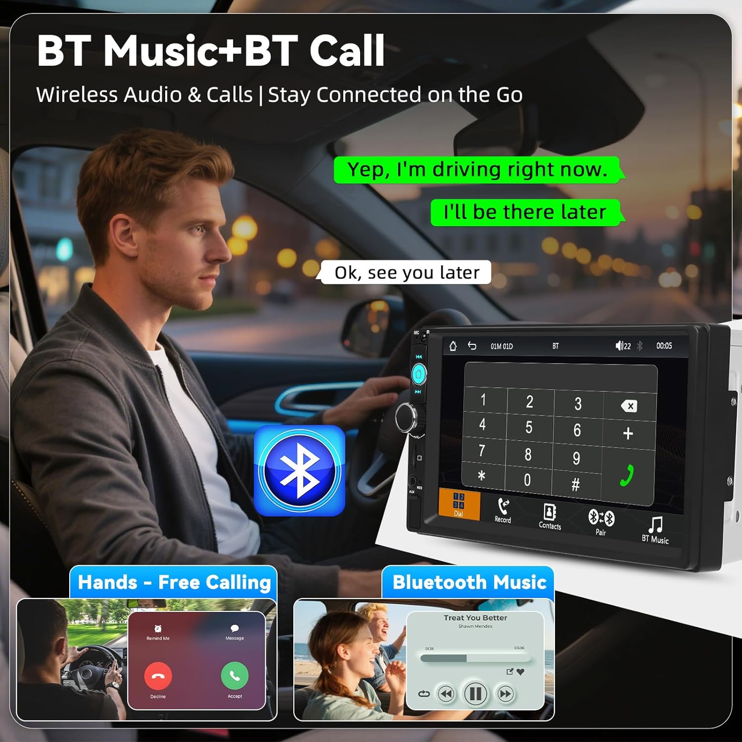 SIXTOP Car Radio demonstrating Bluetooth music and call features, with a driver making a hands-free call