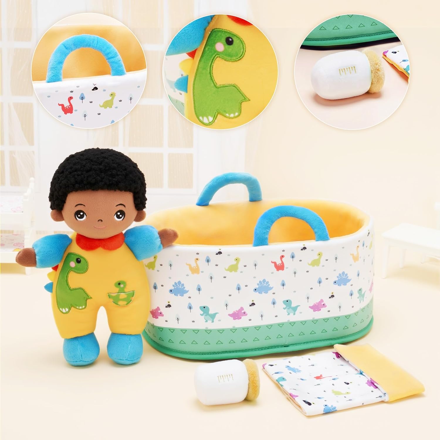 OUOZZZ 10" Soft Black Baby Boy Doll Set, Baby Doll Accessories Pretend Playset for Social Emotional Learning, 2 Year Olds Boy Birthday Gift
