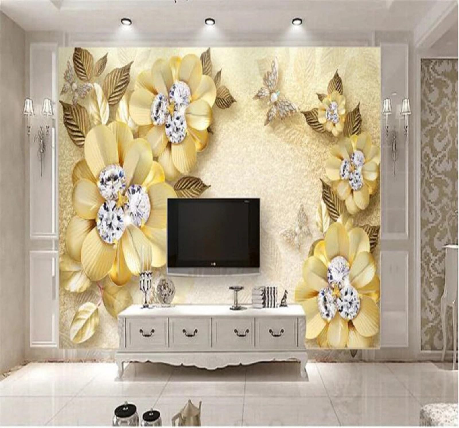 XLMING Luxury Diamonds Flowers Butterflies Jewellery 3D Wallpaper Luxury Home Dining Decor Paste Sofa Living Room The Wall for Bedroom Mural-250cm×170cm