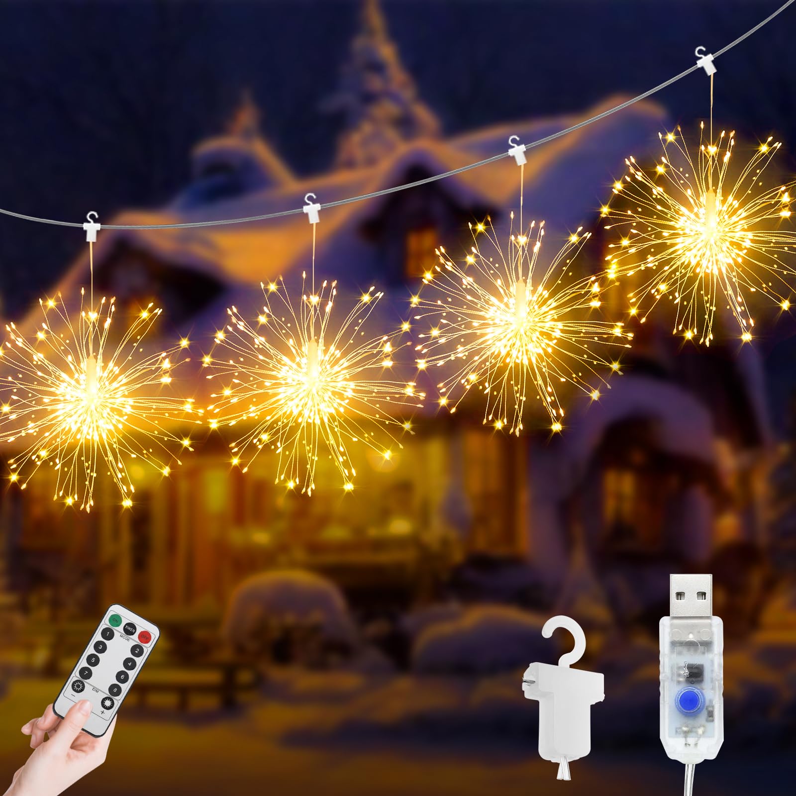 JIMACRO Firework Decorative Lights, 4 x 120 LEDs Hanging Fairy Lights, USB Powered 8 Modes Waterproof Dimmable LED Firework String Lights Outdoor Indoor for Wedding, Party, Patio, Gazebo